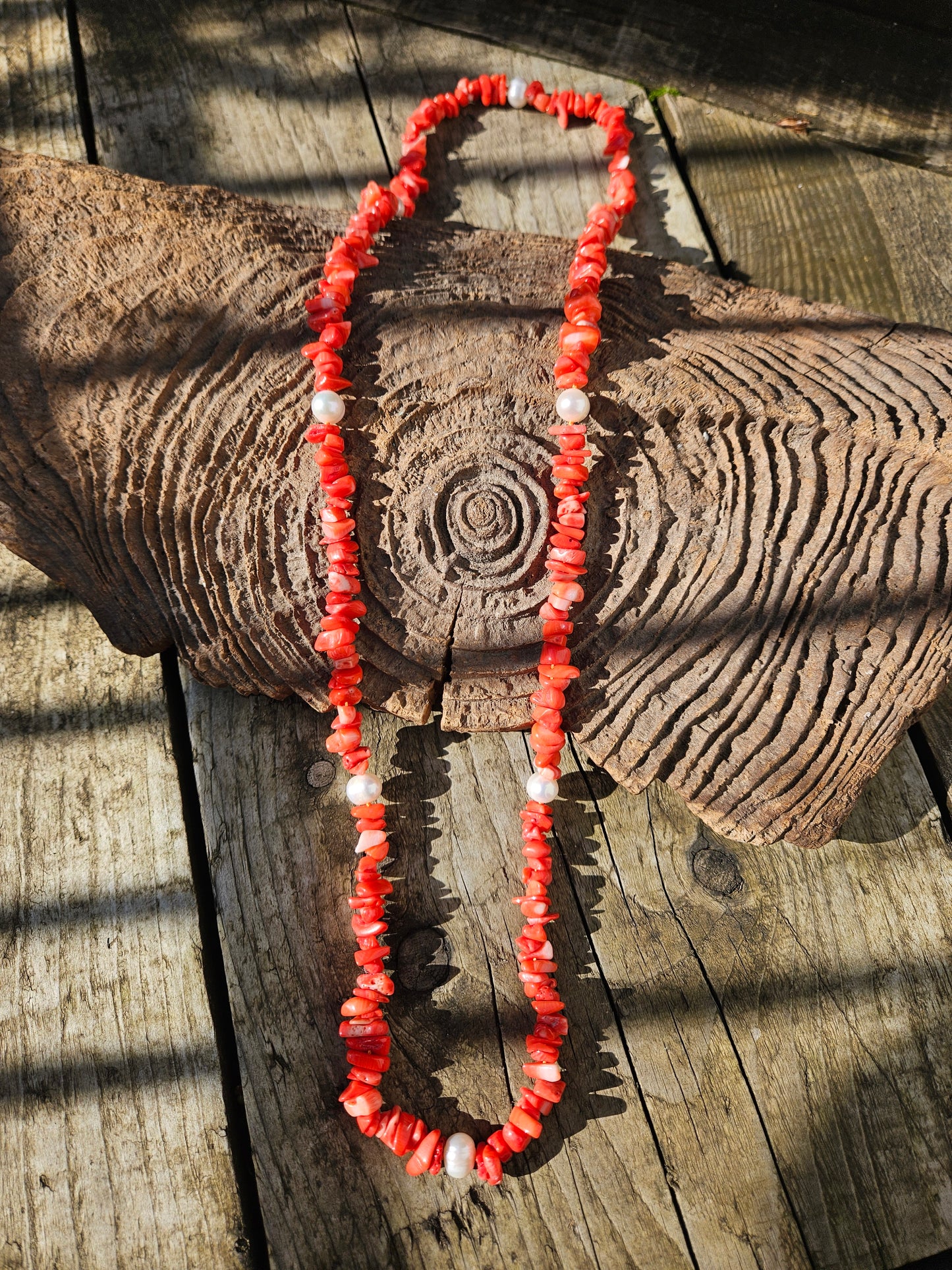 Long Orange Bamboo Coral and Freshwater Pearl Necklace