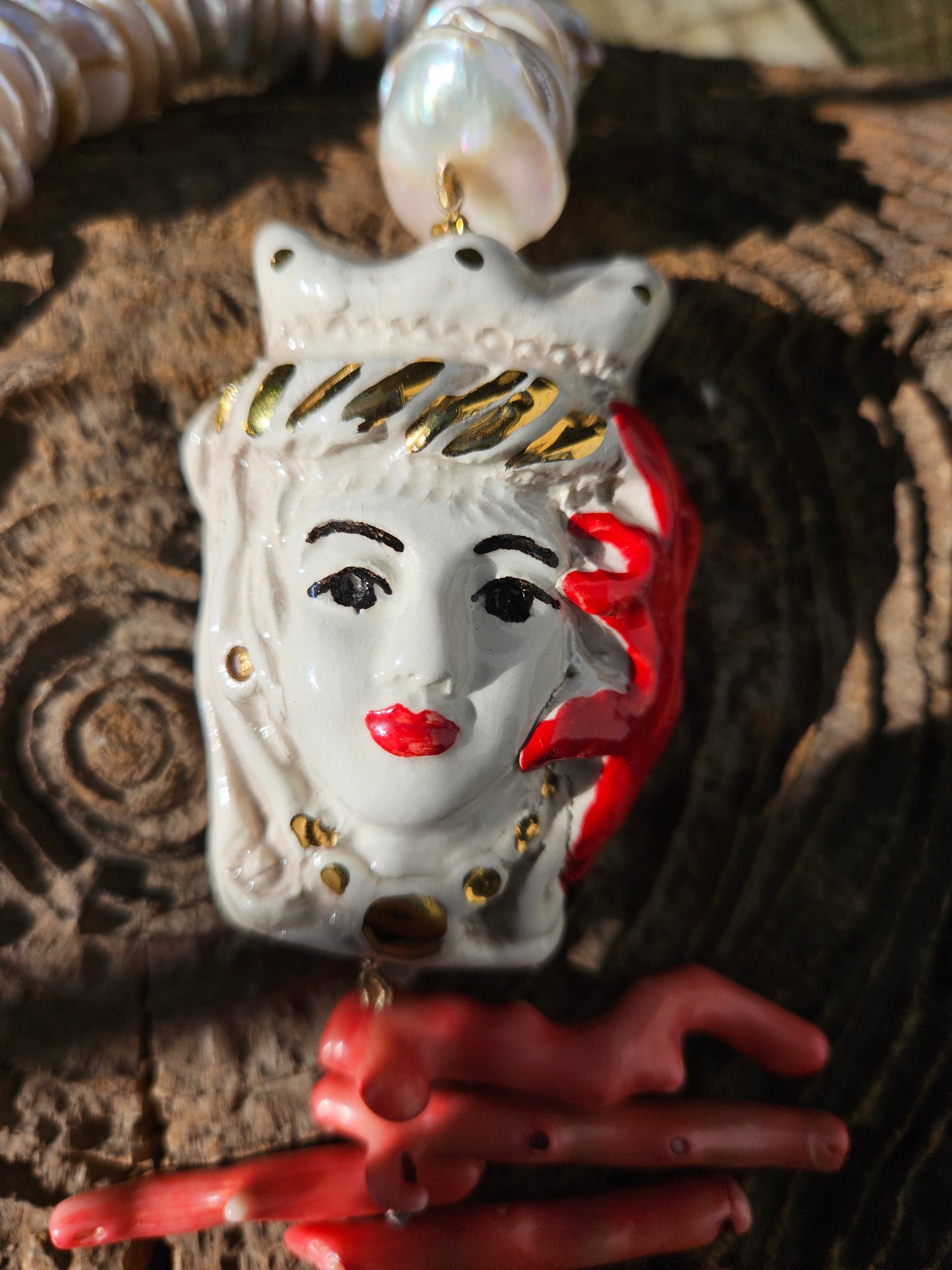 Bamboo Coral, Pearl and Ceramic Moor Head Necklace