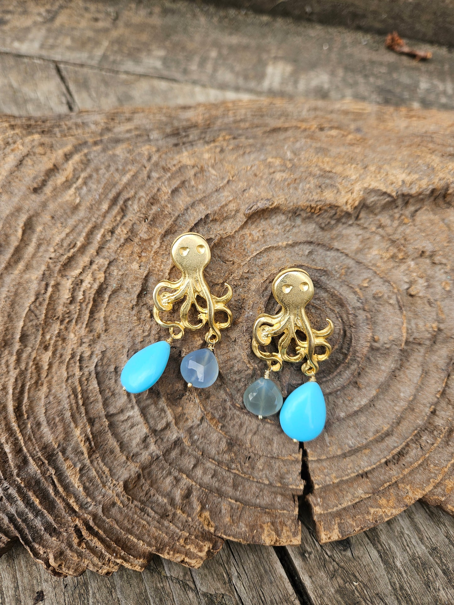 Golden Octopus Turquoise and Chalcedony Earrings