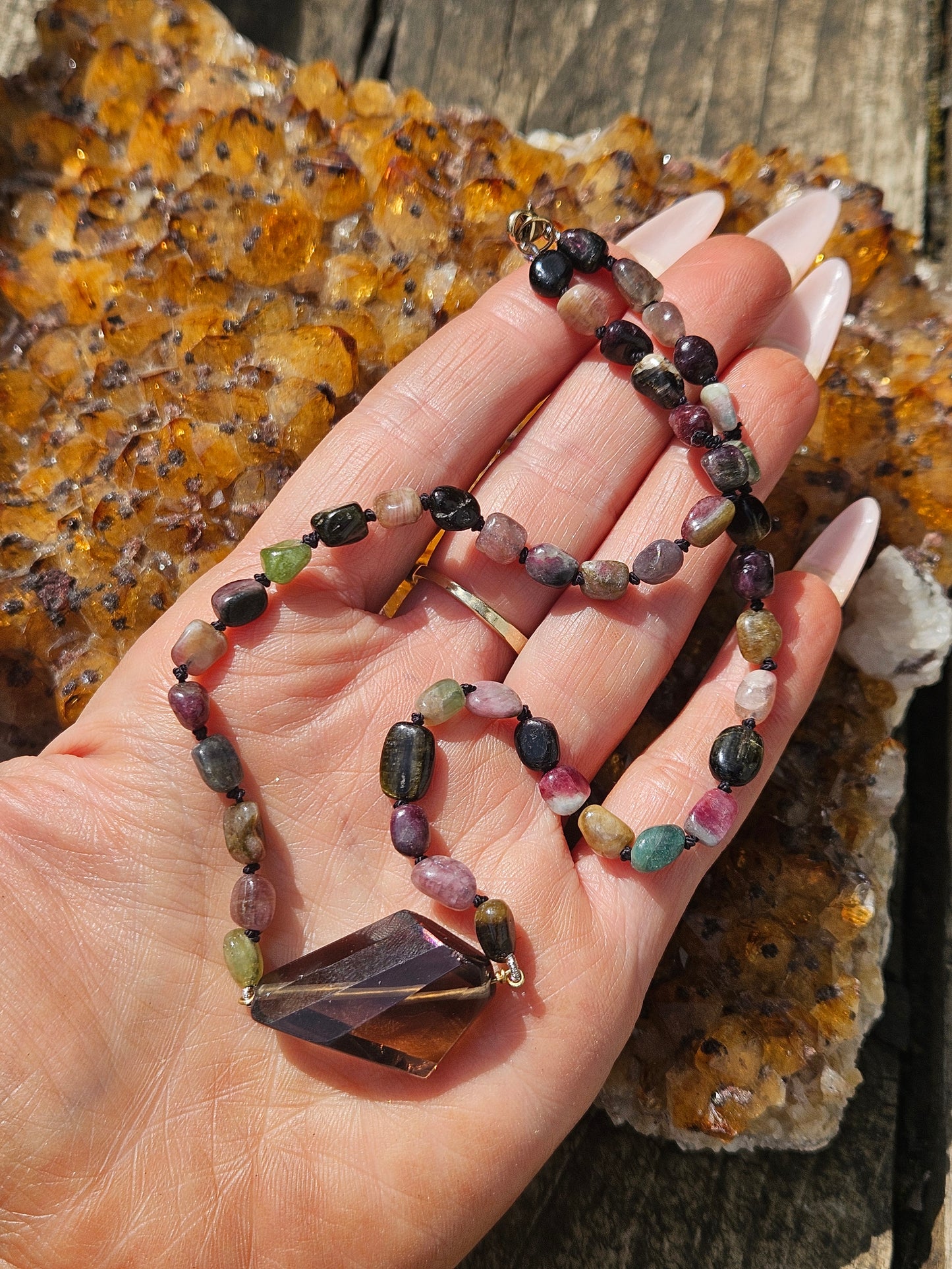Watermelon Tourmaline and Smoky Quartz Necklace