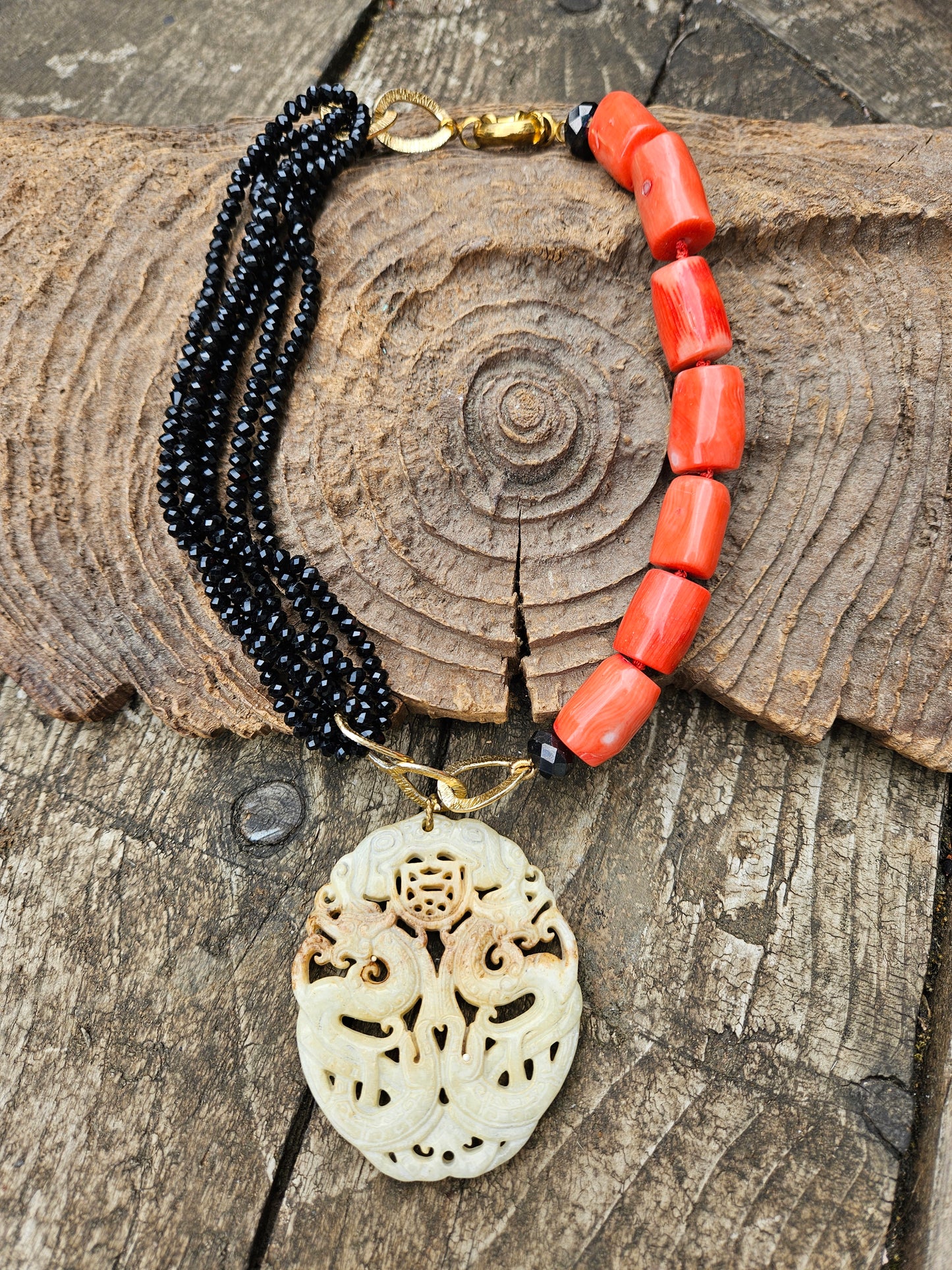 Bamboo Coral and Black Crystal Necklace with Hardstone Pendant