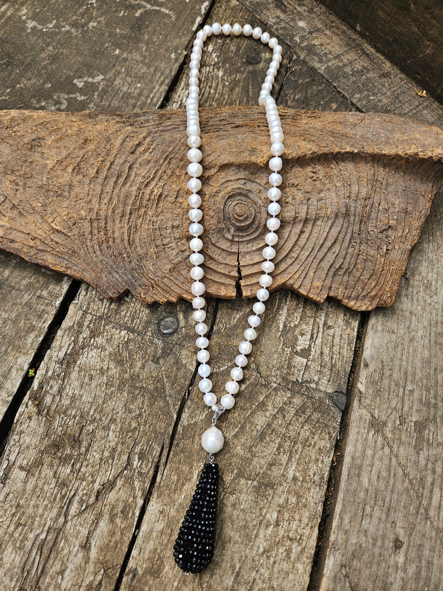 Pearl and Black Crystal Tassel Necklace