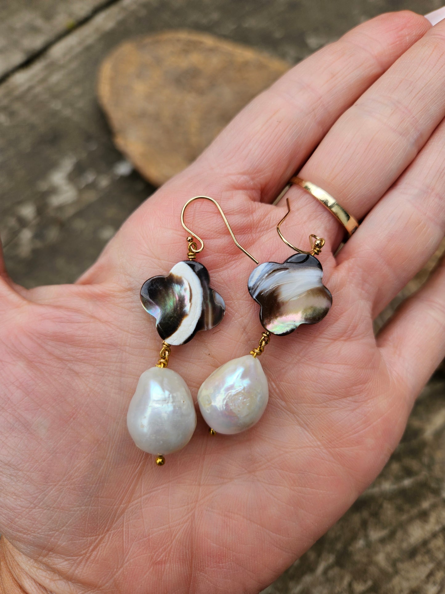 Mother of Pearl Clover Leaf and Freshwater Pearl Earrings