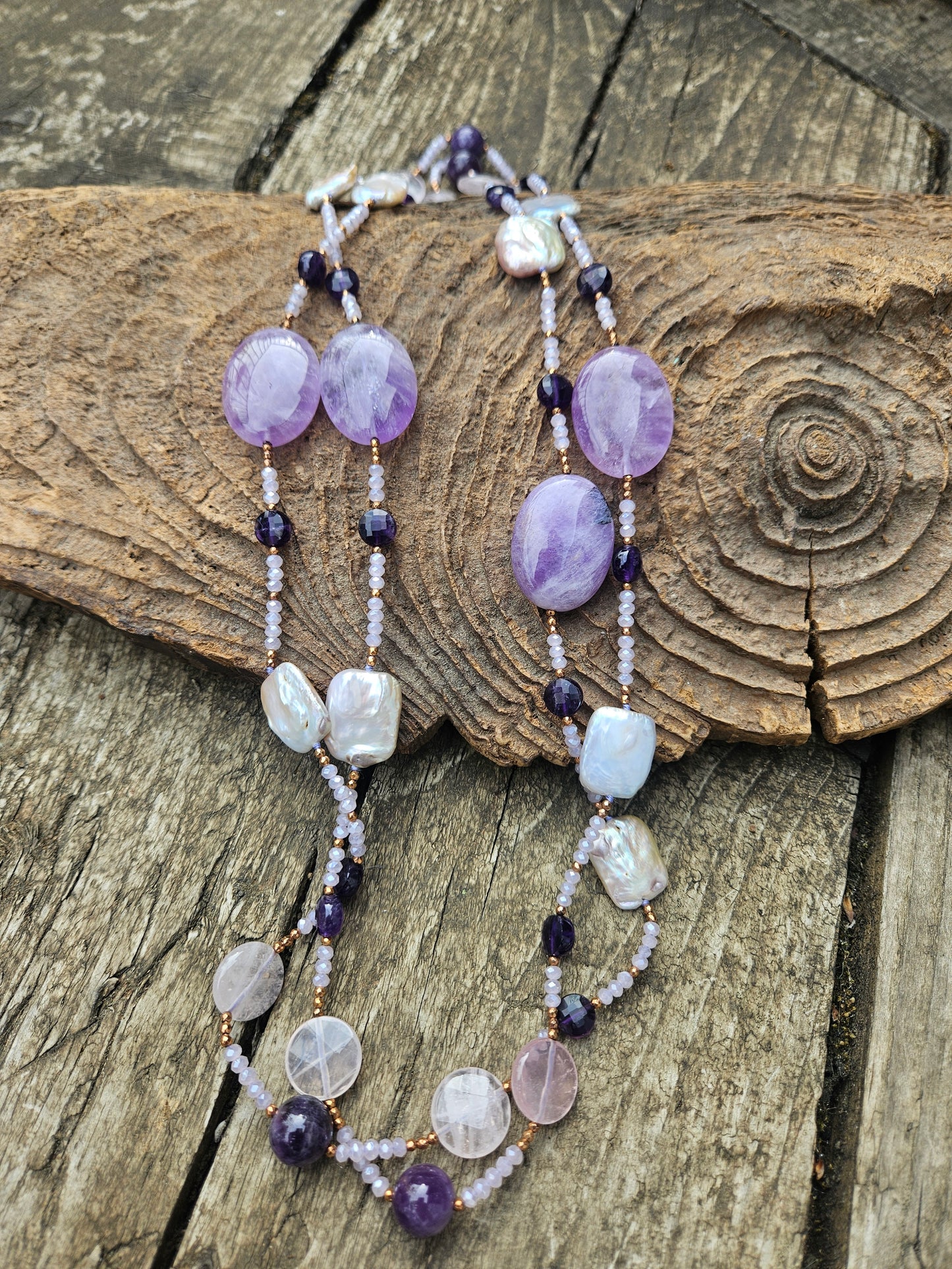 Amethyst, Freshwater Pearls and Crystal Necklace