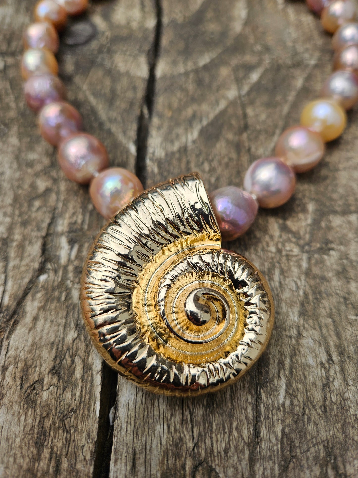 Golden Pink Pearl and Golden Ammonite Necklace