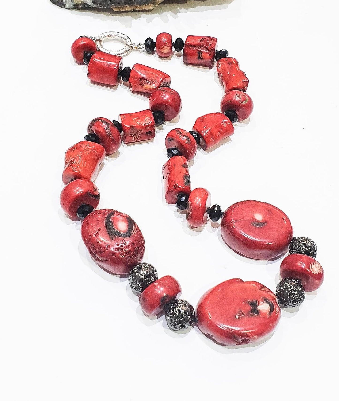 Bamboo Coral, Electroplated Lava and Crystal Necklace