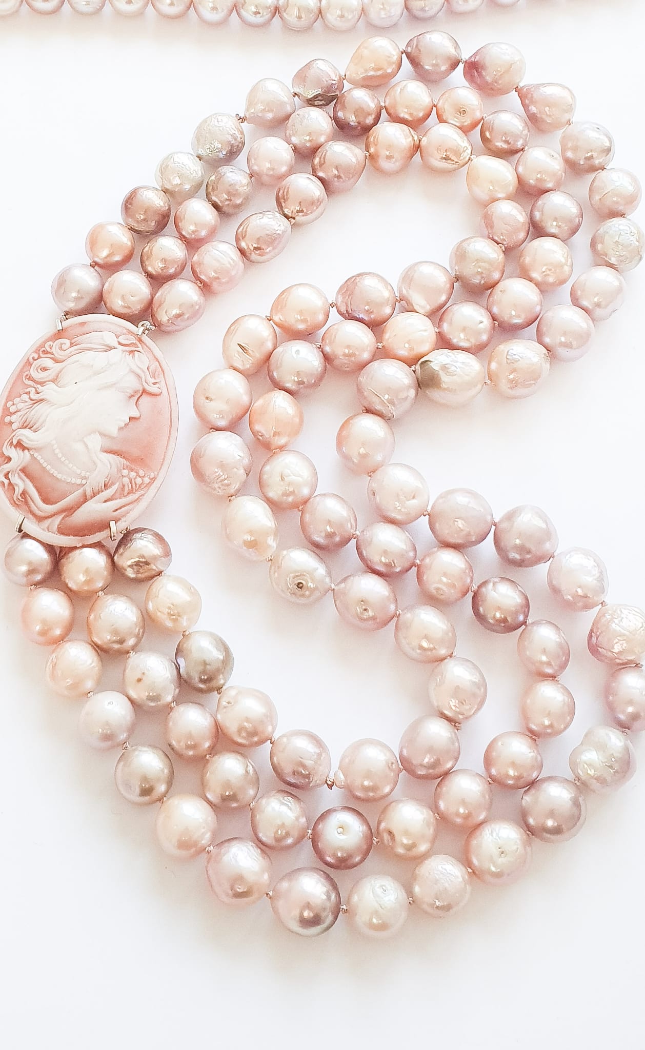 Multi Row Pink Pearl and Cameo Necklace