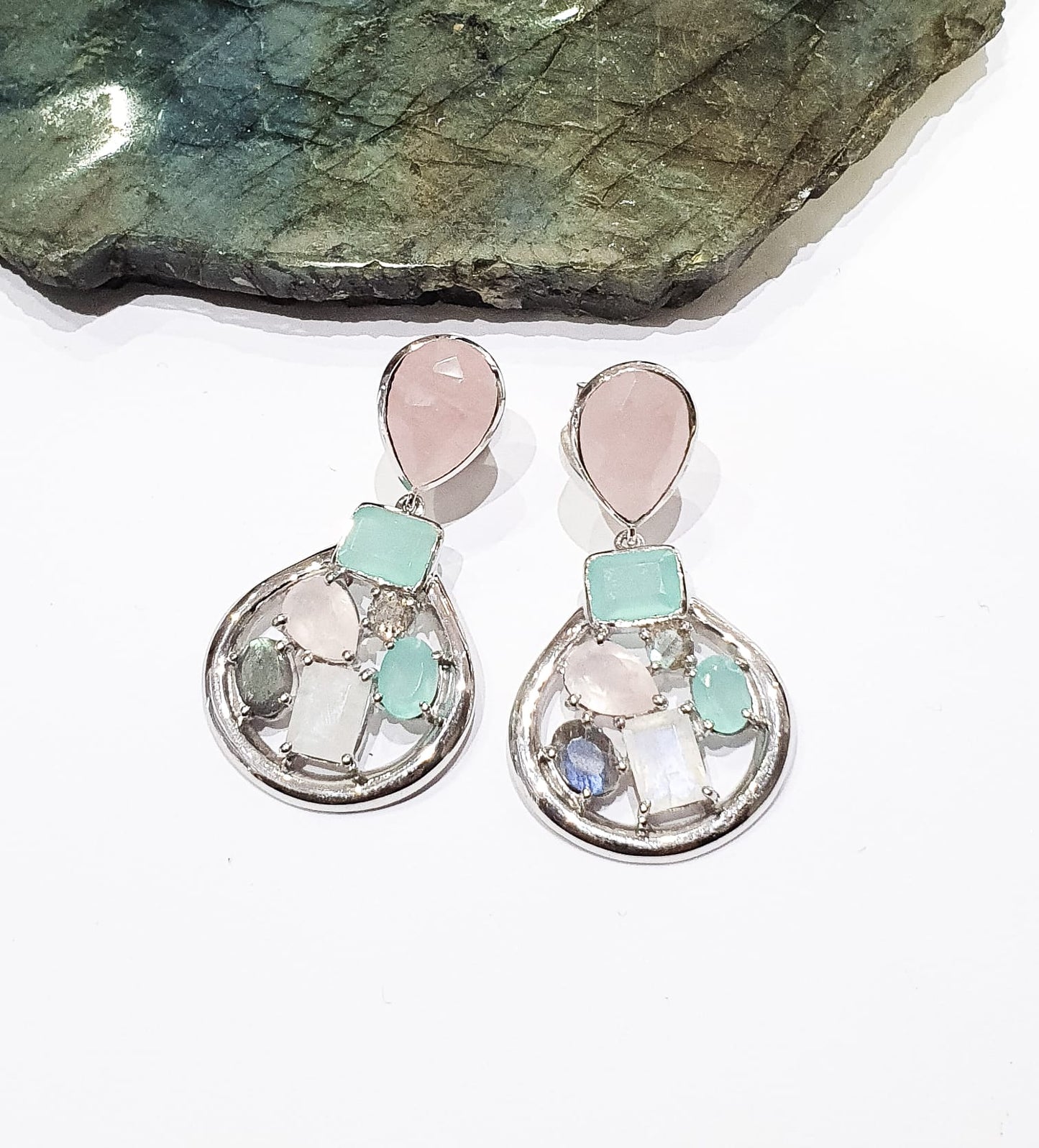 Rose Quartz, Labradorite, Moonstone and Aqua Onyx Statement Earrings