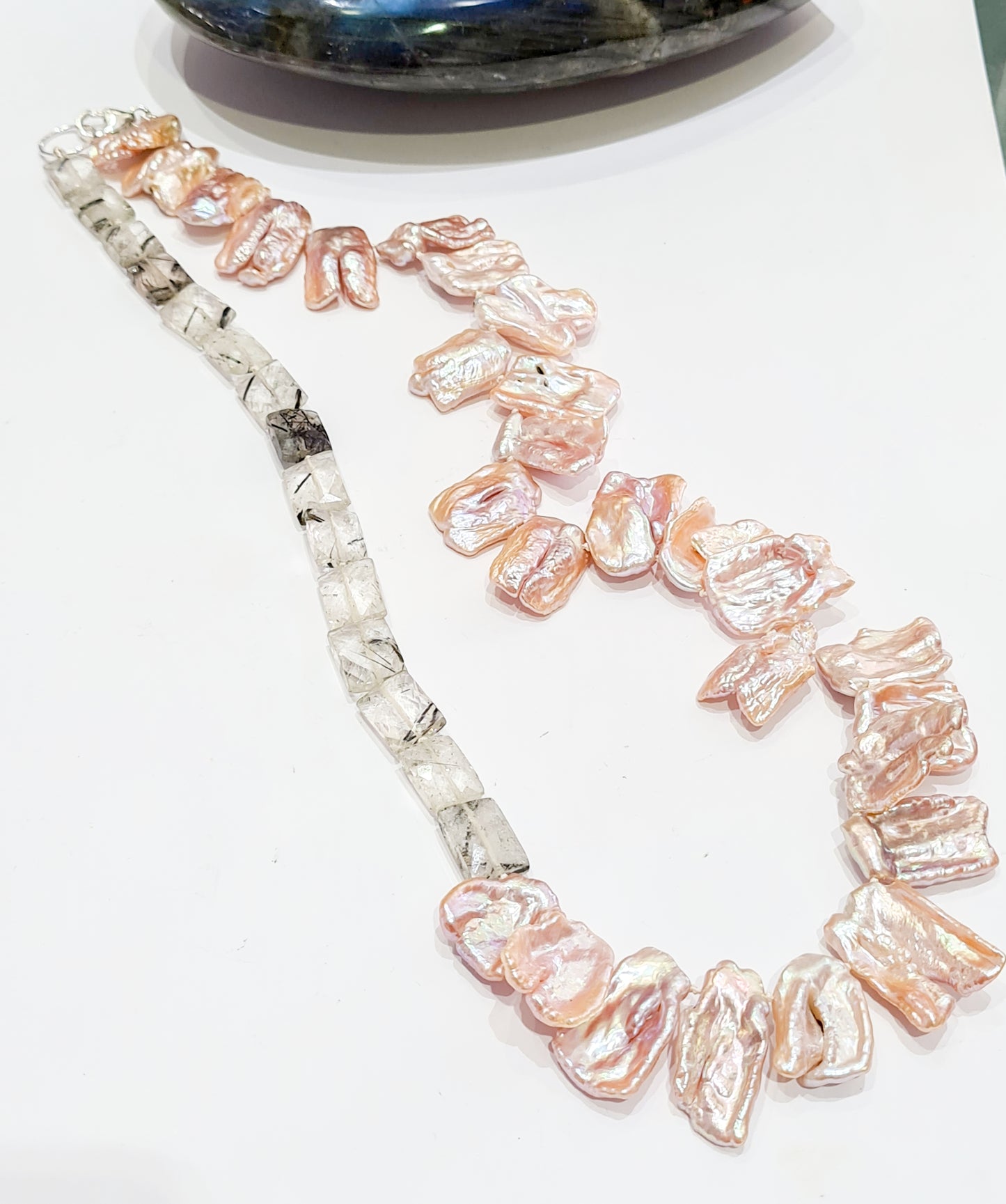 Irregular Pink Pearl and Rutilated Quartz Necklace