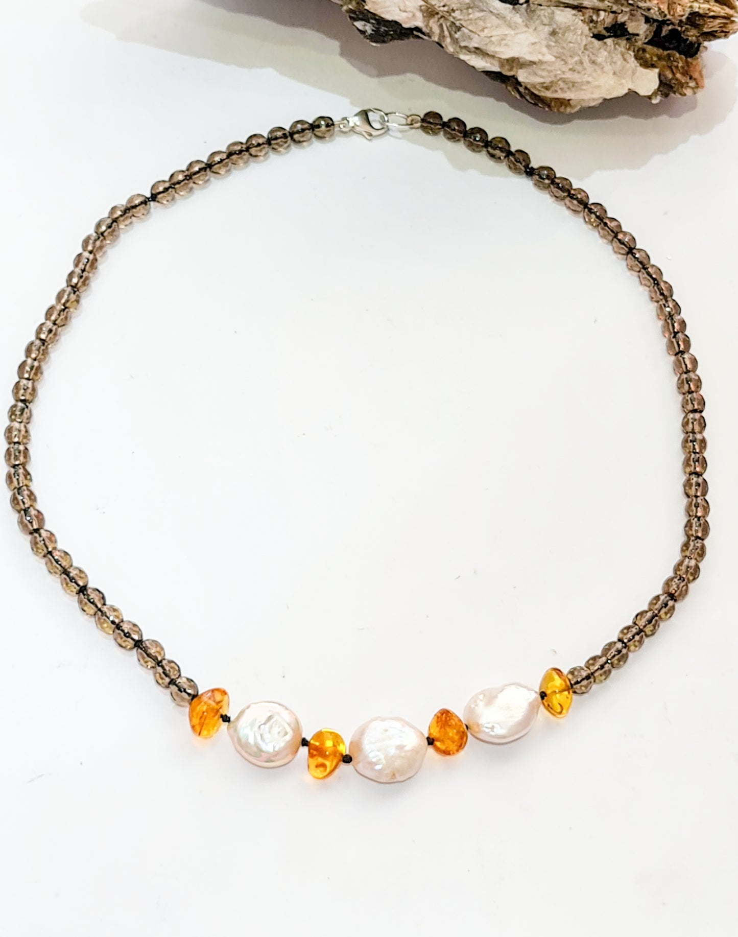 Smoky Quartz, Amber and Pearl Necklace