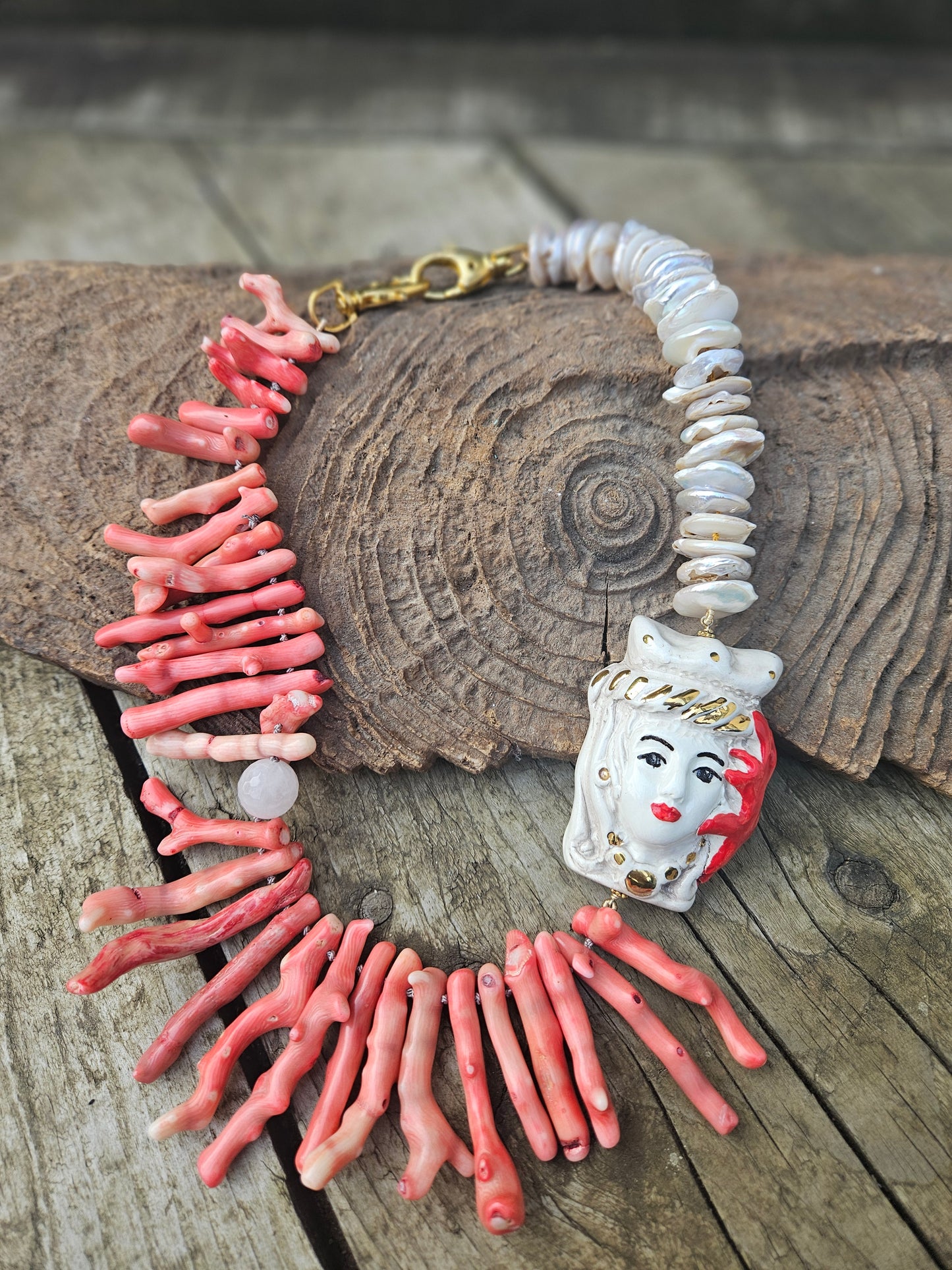 Bamboo Coral, Pearl and Ceramic Moor Head Necklace