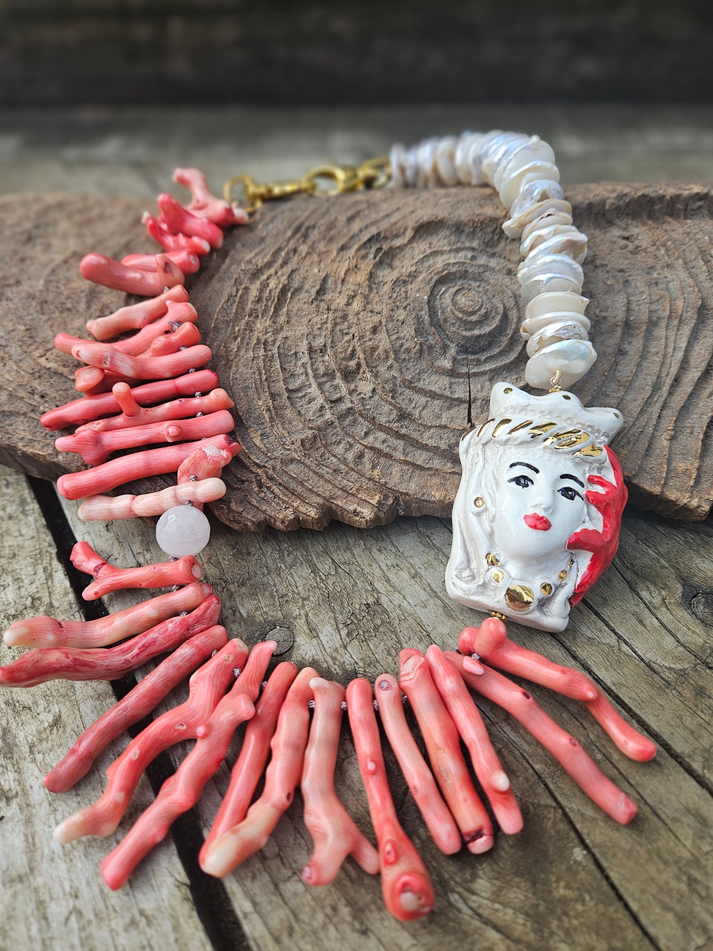 Bamboo Coral, Pearl and Ceramic Moor Head Necklace