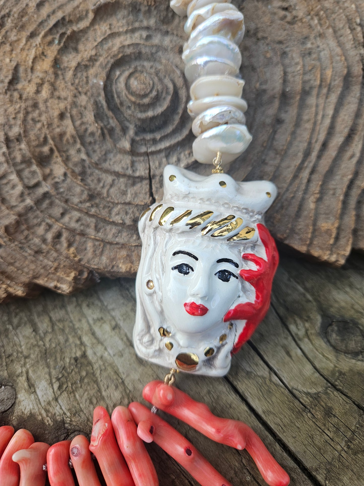 Bamboo Coral, Pearl and Ceramic Moor Head Necklace