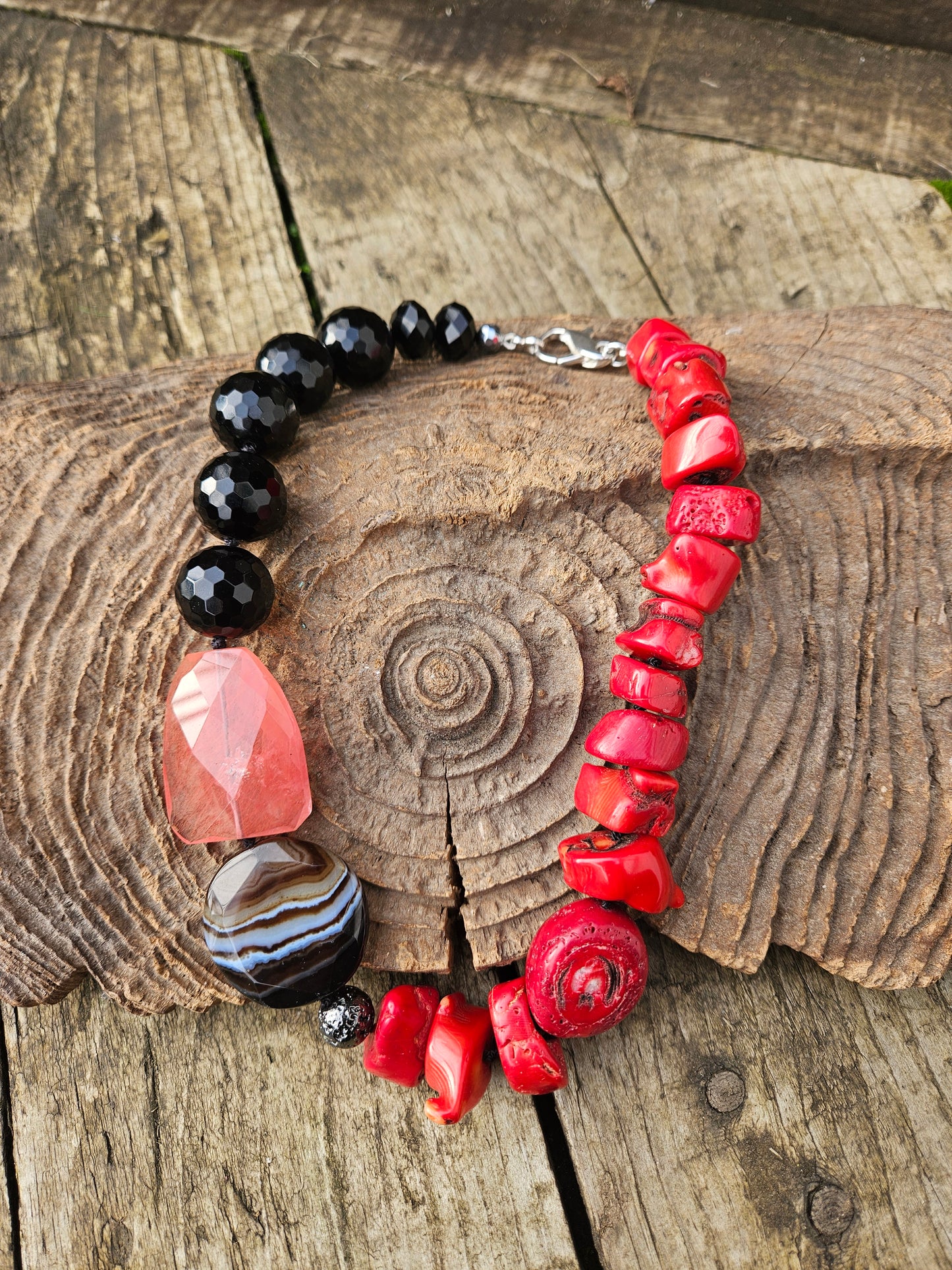 Onyx, Quartz, Agate, Coral and Electroplated Lava Necklace