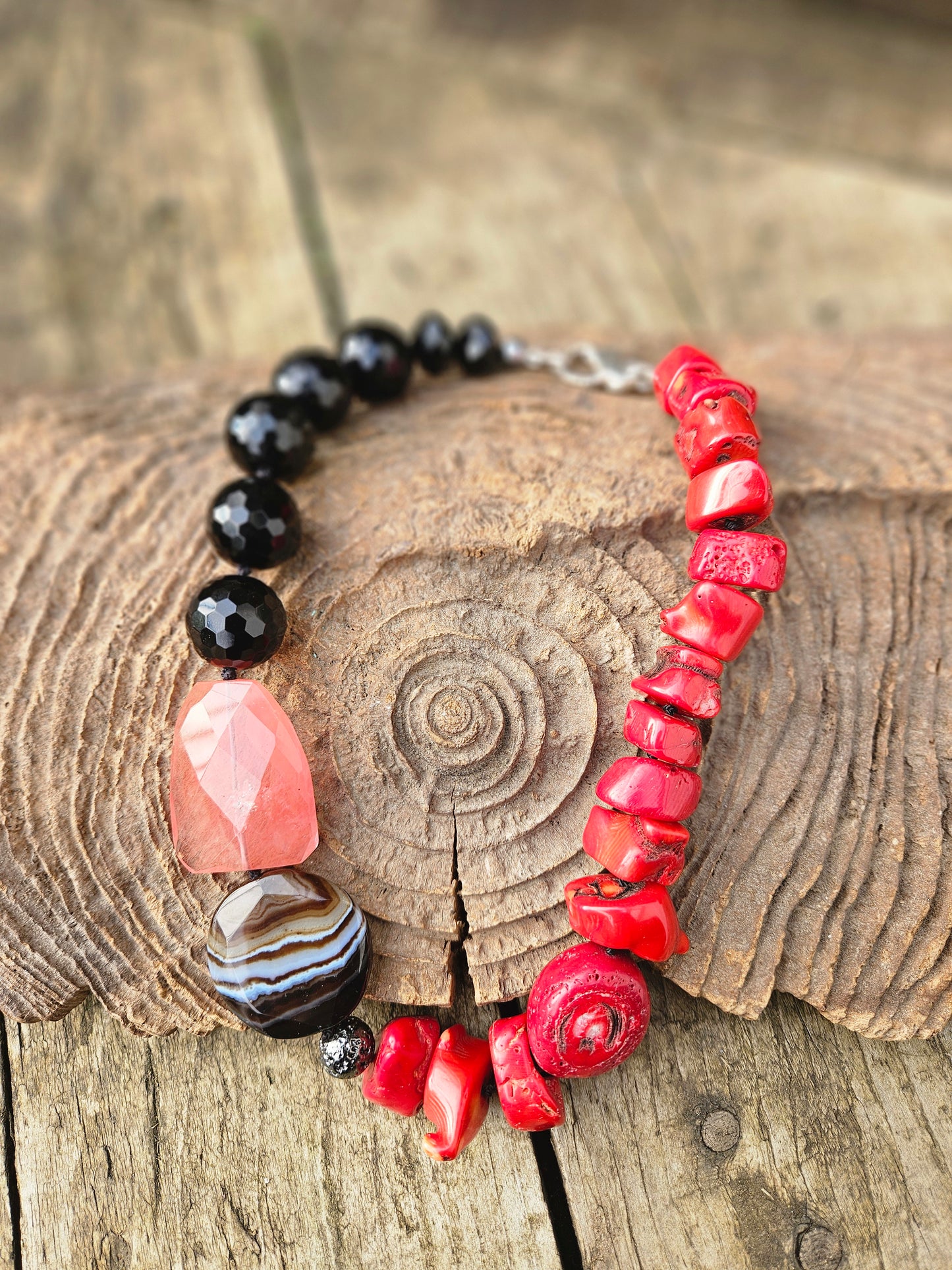 Onyx, Quartz, Agate, Coral and Electroplated Lava Necklace