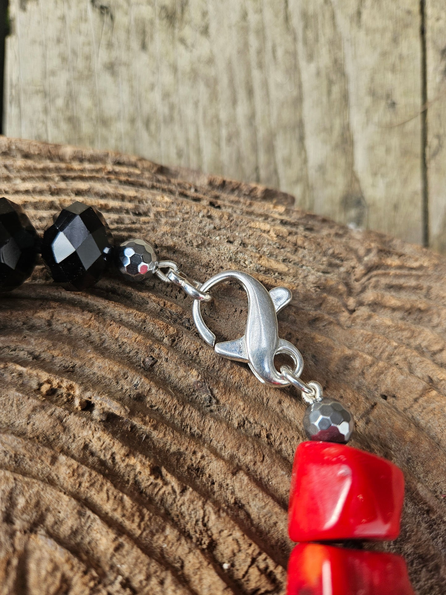 Onyx, Quartz, Agate, Coral and Electroplated Lava Necklace