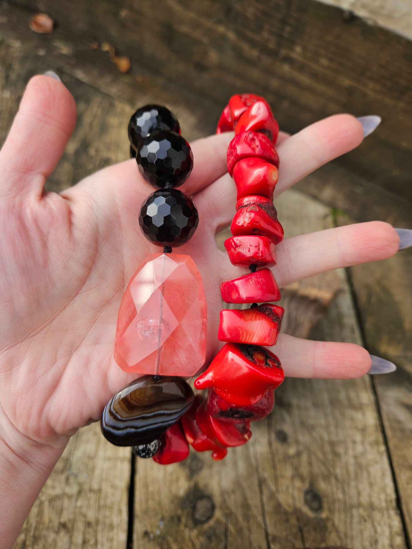 Onyx, Quartz, Agate, Coral and Electroplated Lava Necklace