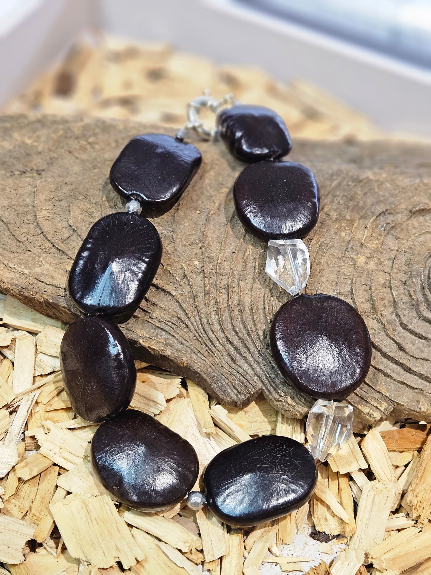 Statement Rock Crystal and Wood Necklace