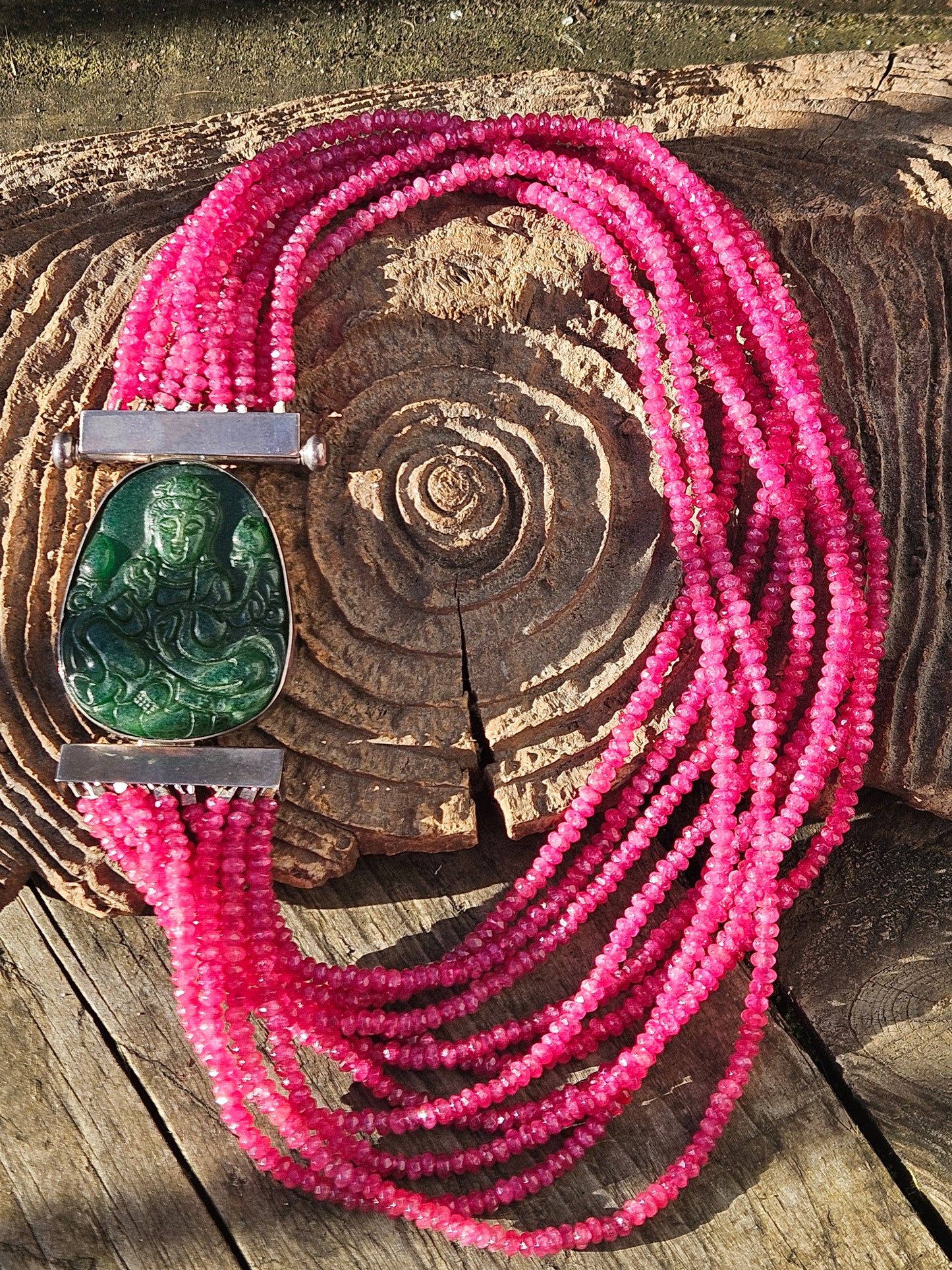 Multi Row Pink Jade Necklace with Carved Jade and Silver Clasp