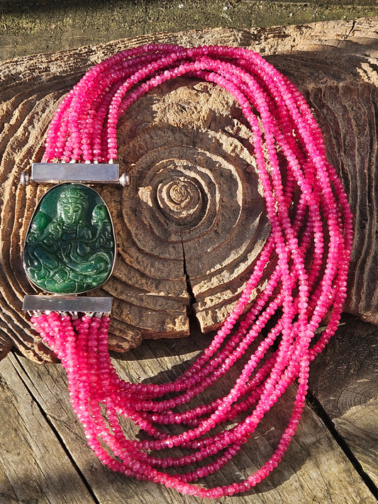 Multi Row Pink Jade Necklace with Carved Jade and Silver Clasp