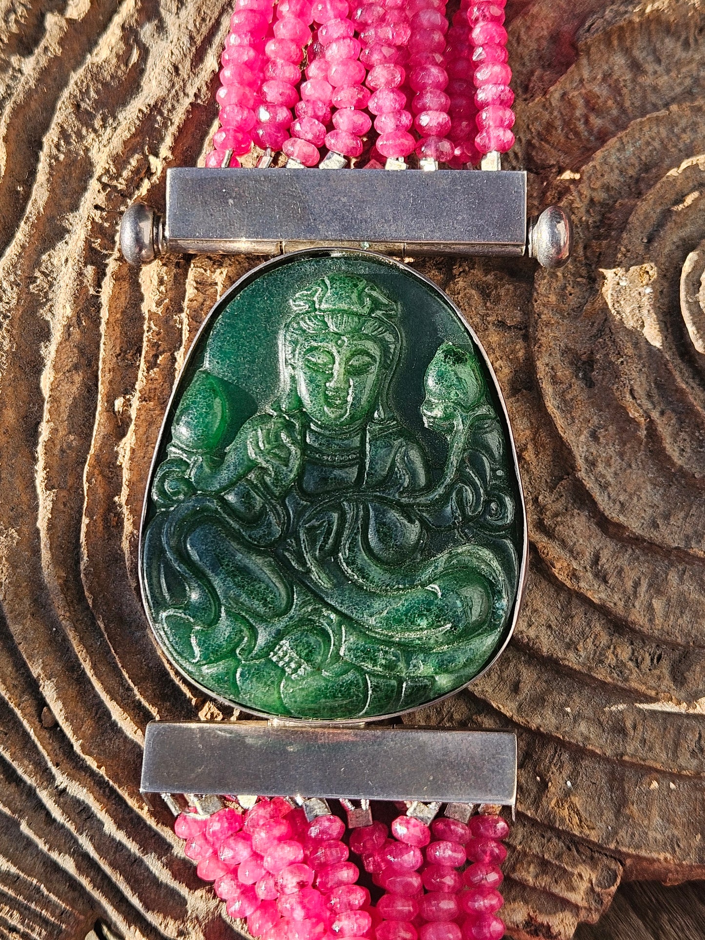 Multi Row Pink Jade Necklace with Carved Jade and Silver Clasp