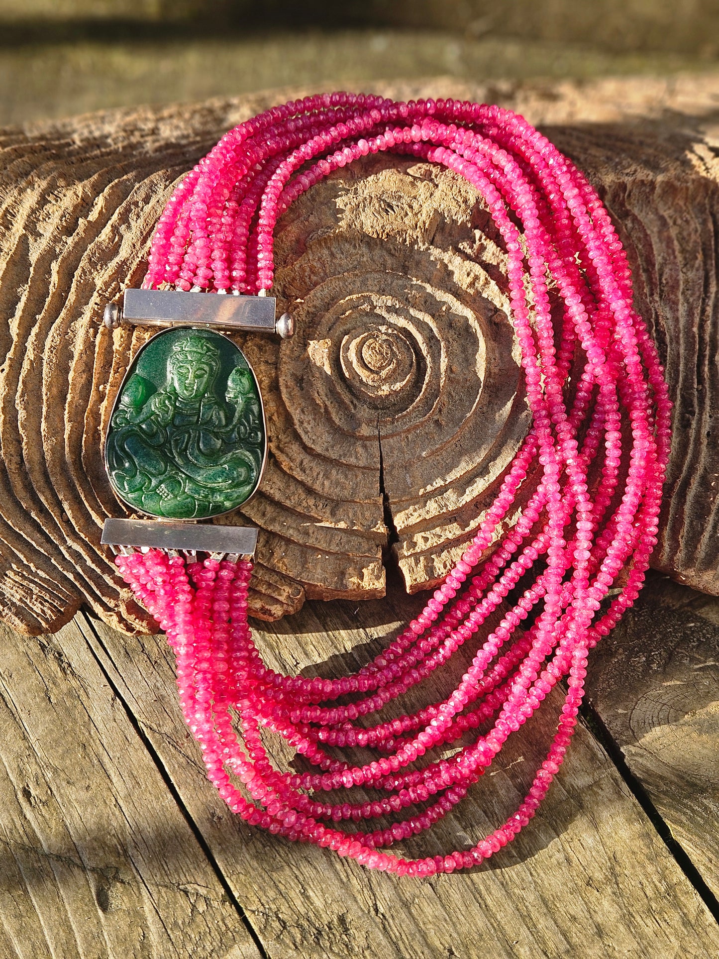 Multi Row Pink Jade Necklace with Carved Jade and Silver Clasp