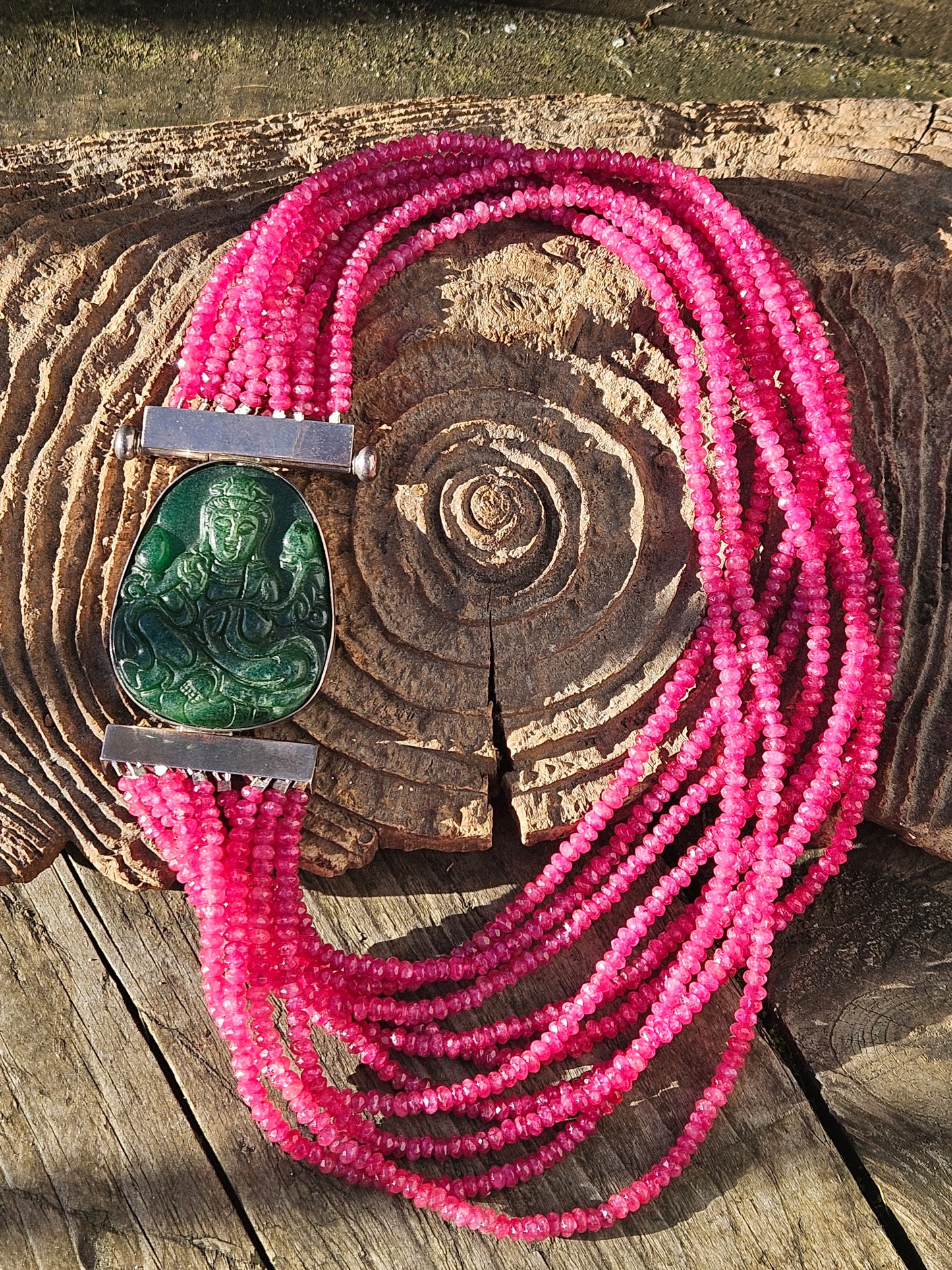 Multi Row Pink Jade Necklace with Carved Jade and Silver Clasp