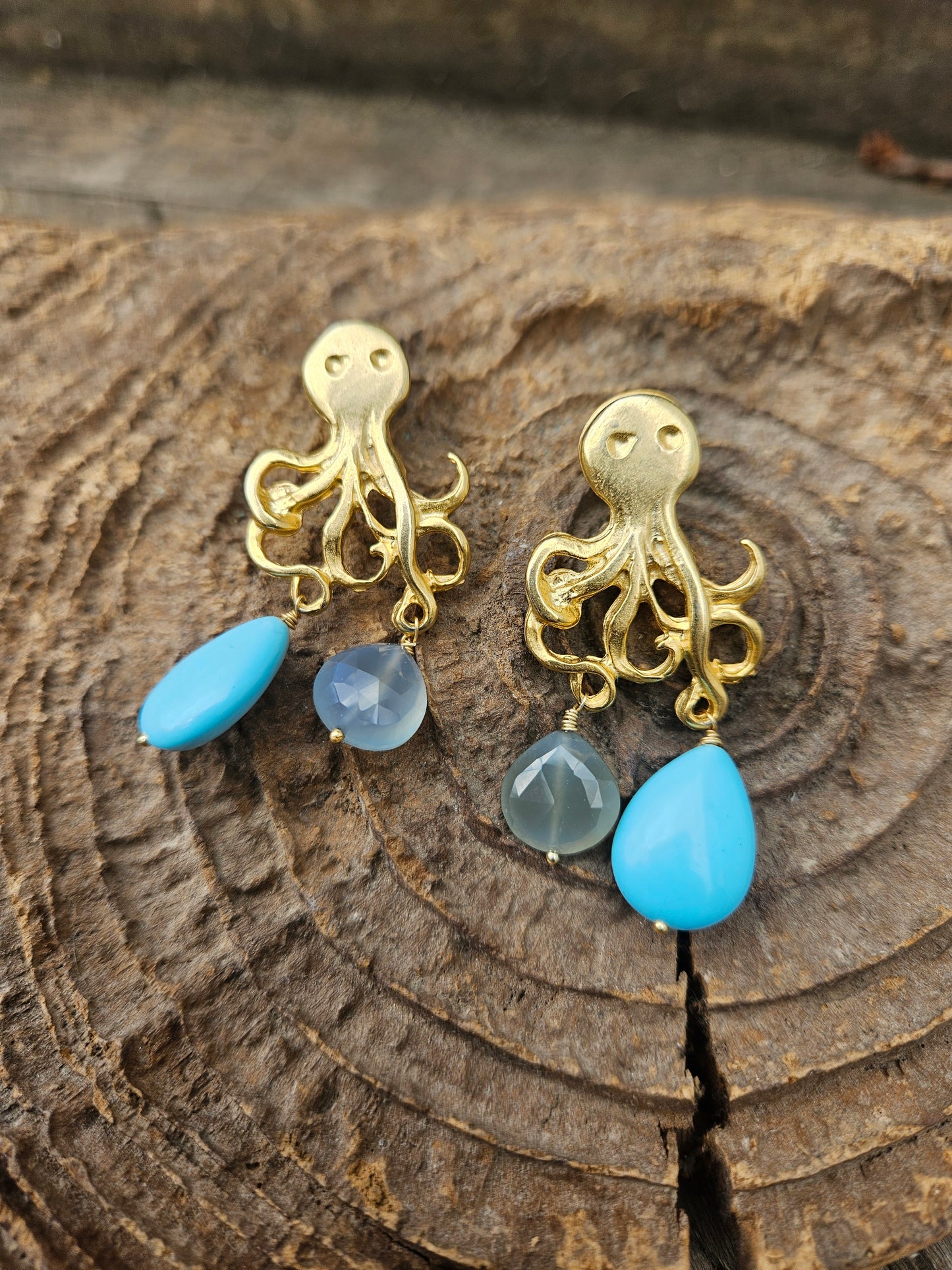 Golden Octopus Turquoise and Chalcedony Earrings