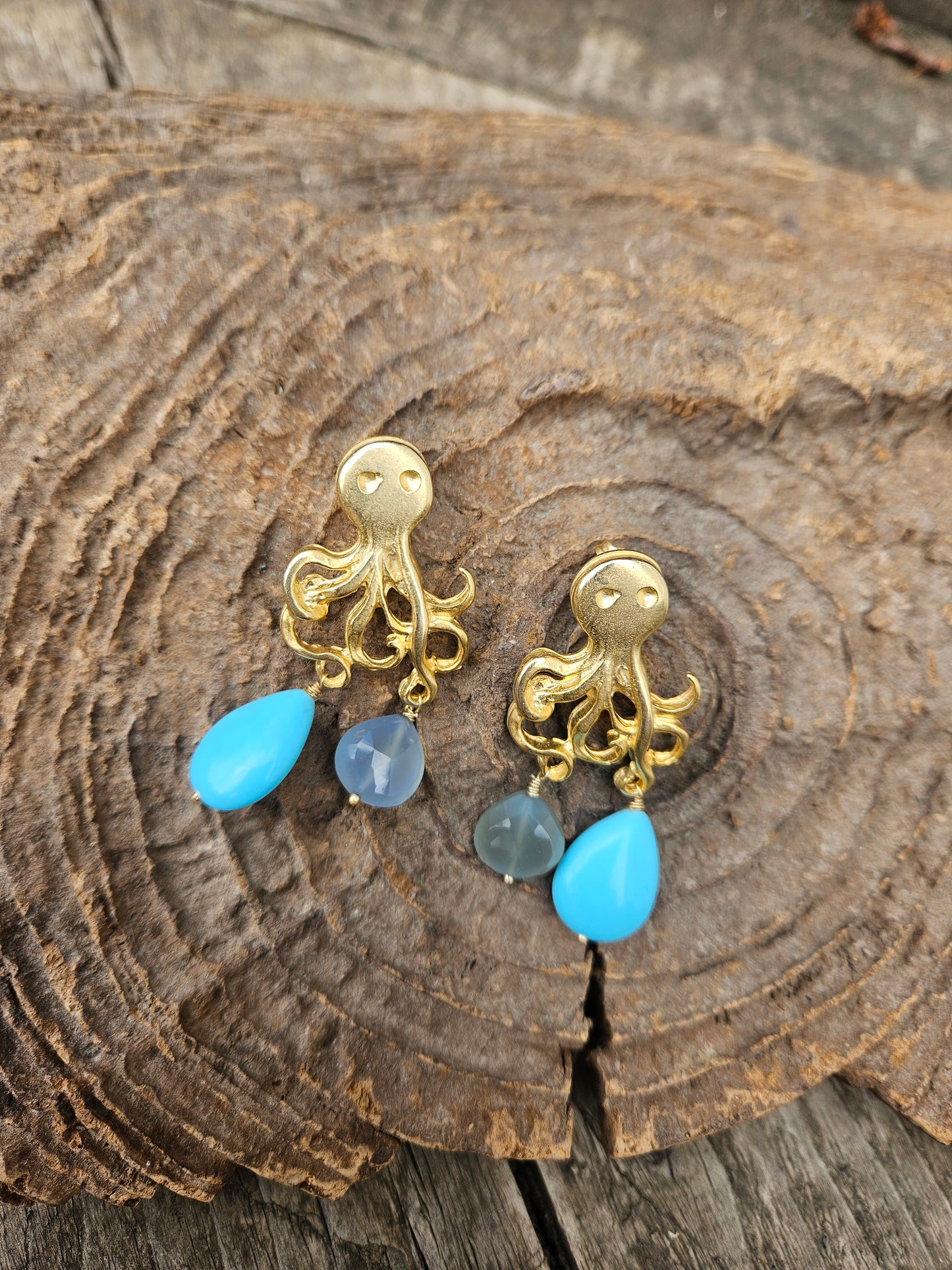 Golden Octopus Turquoise and Chalcedony Earrings