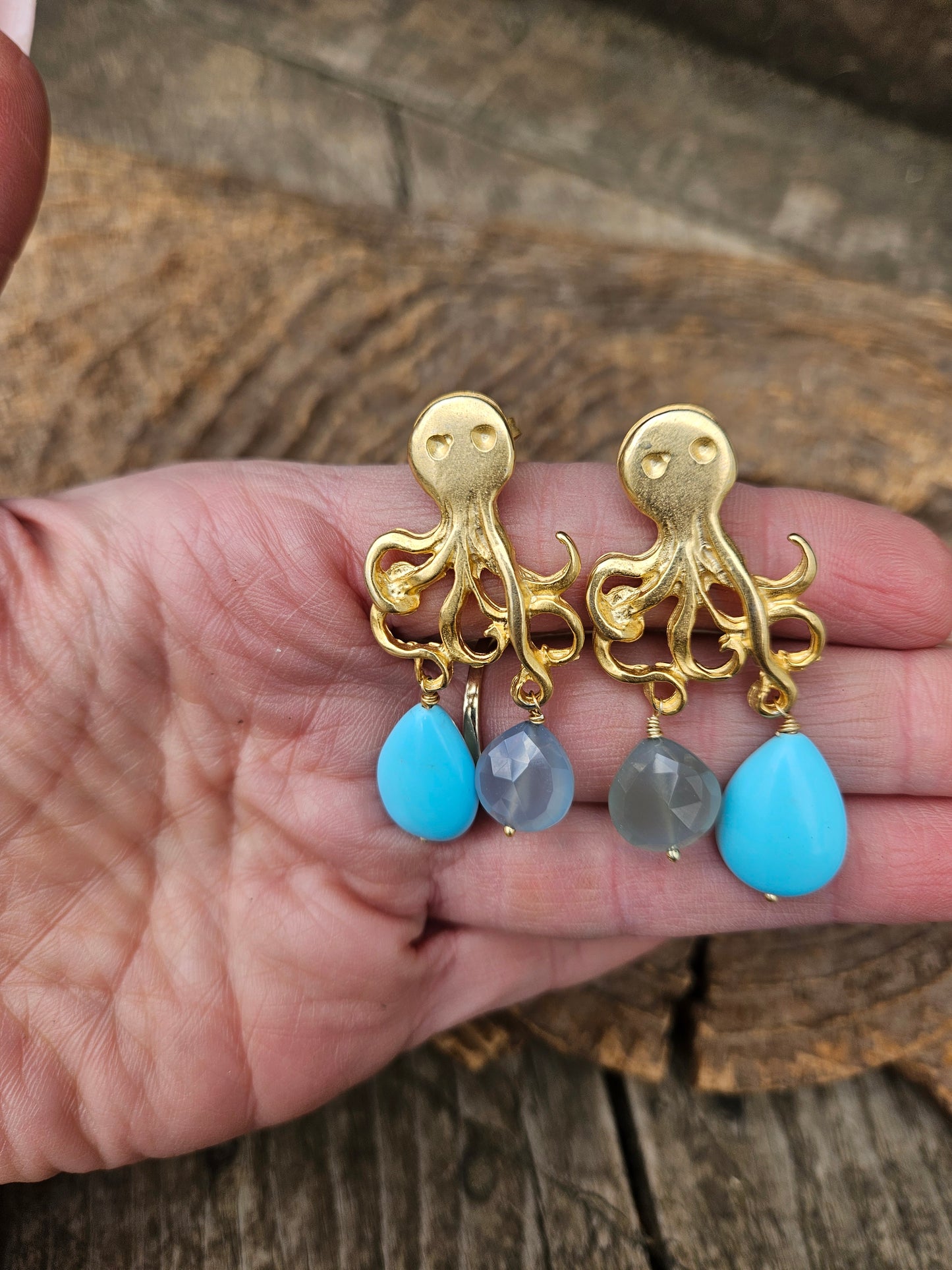 Golden Octopus Turquoise and Chalcedony Earrings