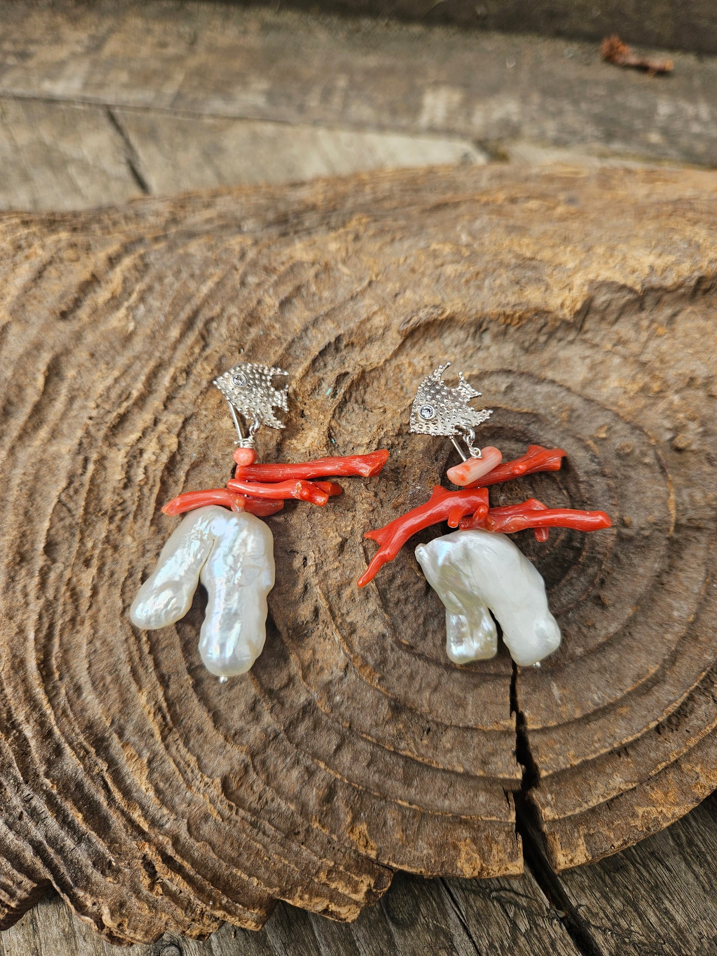 Coral and Pearl Earrings on 925 Silver Fish