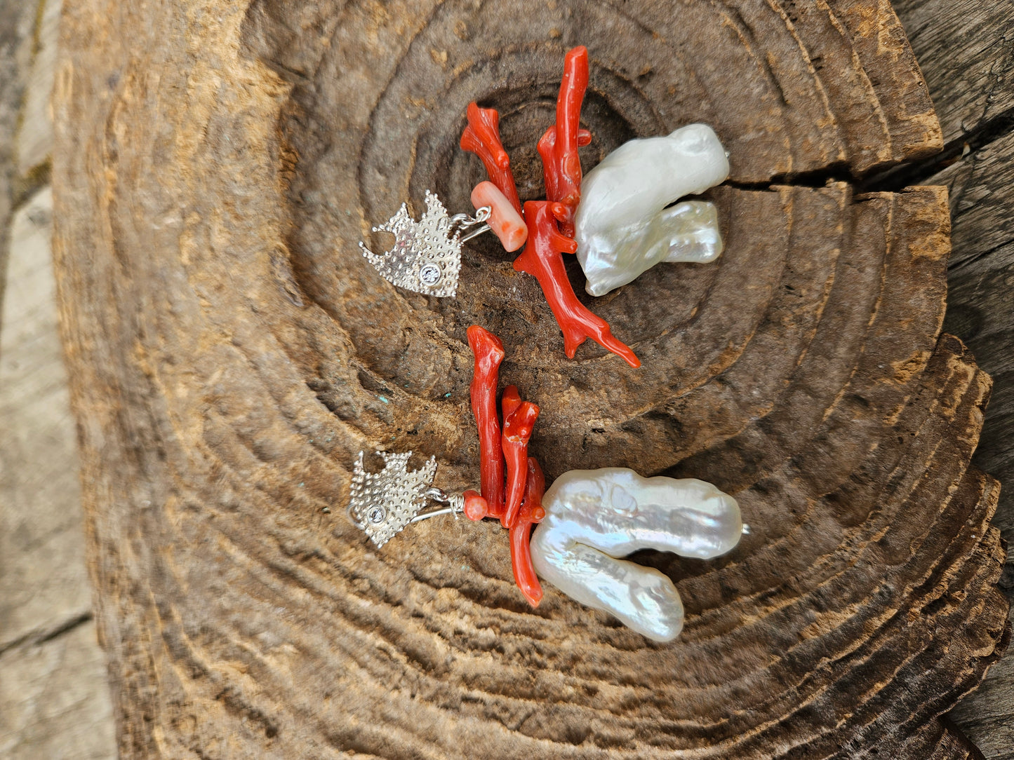 Coral and Pearl Earrings on 925 Silver Fish