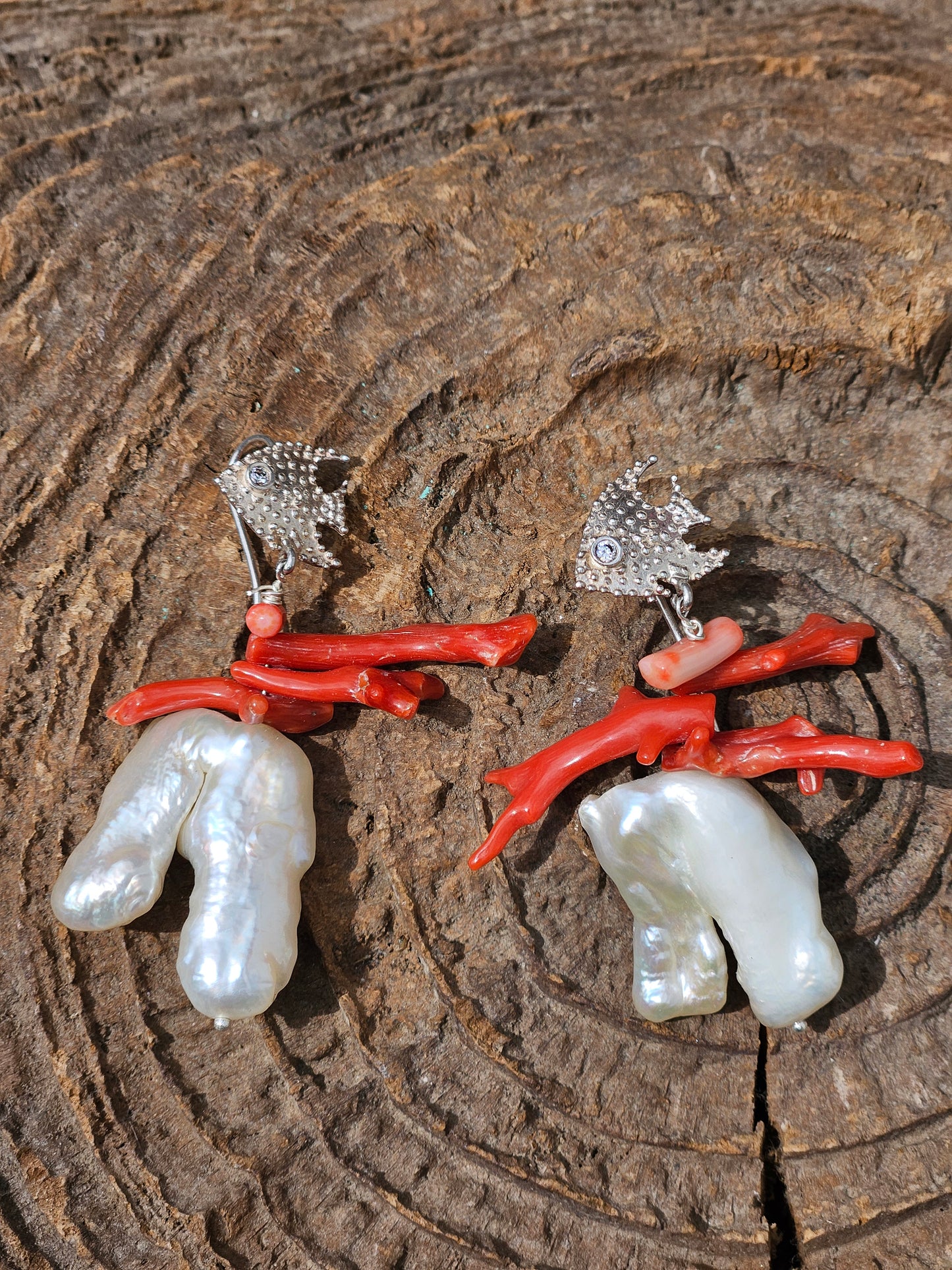 Coral and Pearl Earrings on 925 Silver Fish