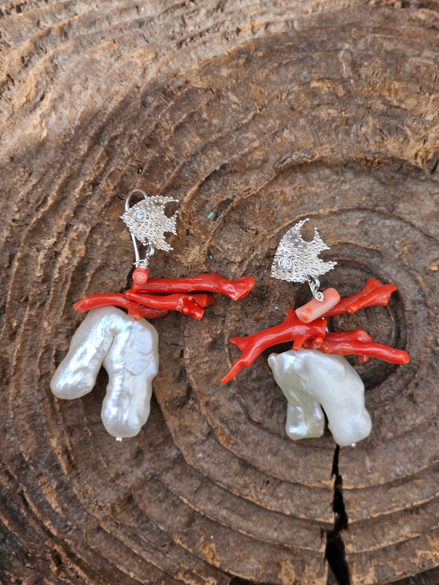 Coral and Pearl Earrings on 925 Silver Fish