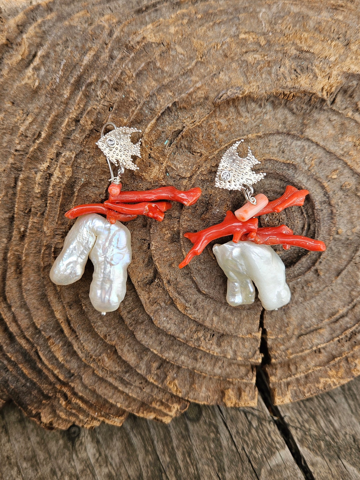 Coral and Pearl Earrings on 925 Silver Fish