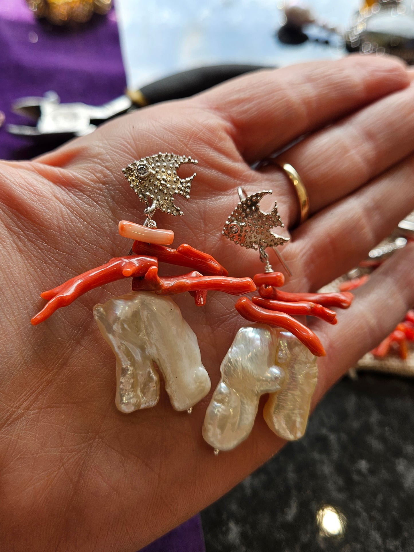Coral and Pearl Earrings on 925 Silver Fish