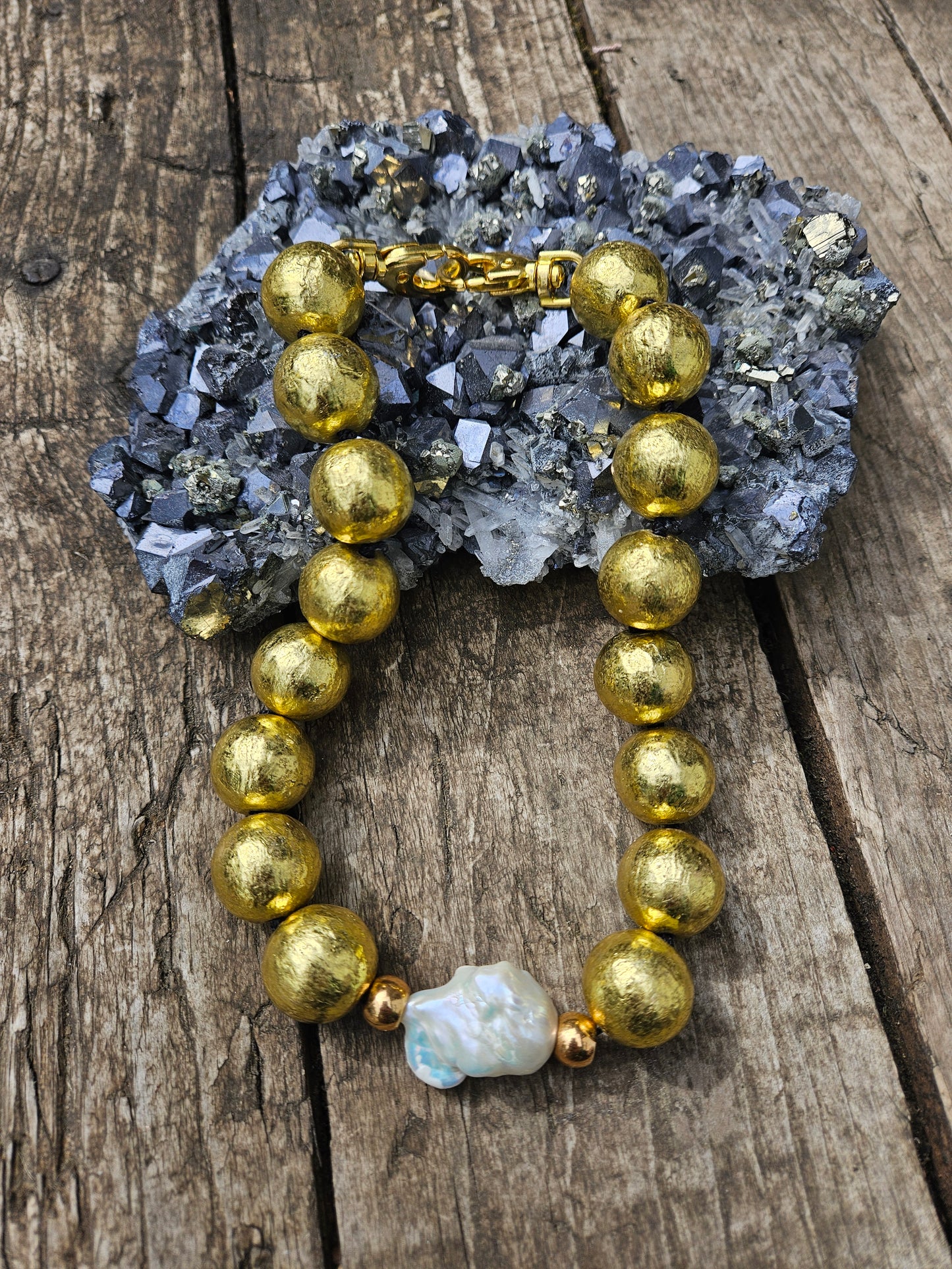 Golden Wooden Bead Necklace with Baroque Pearl