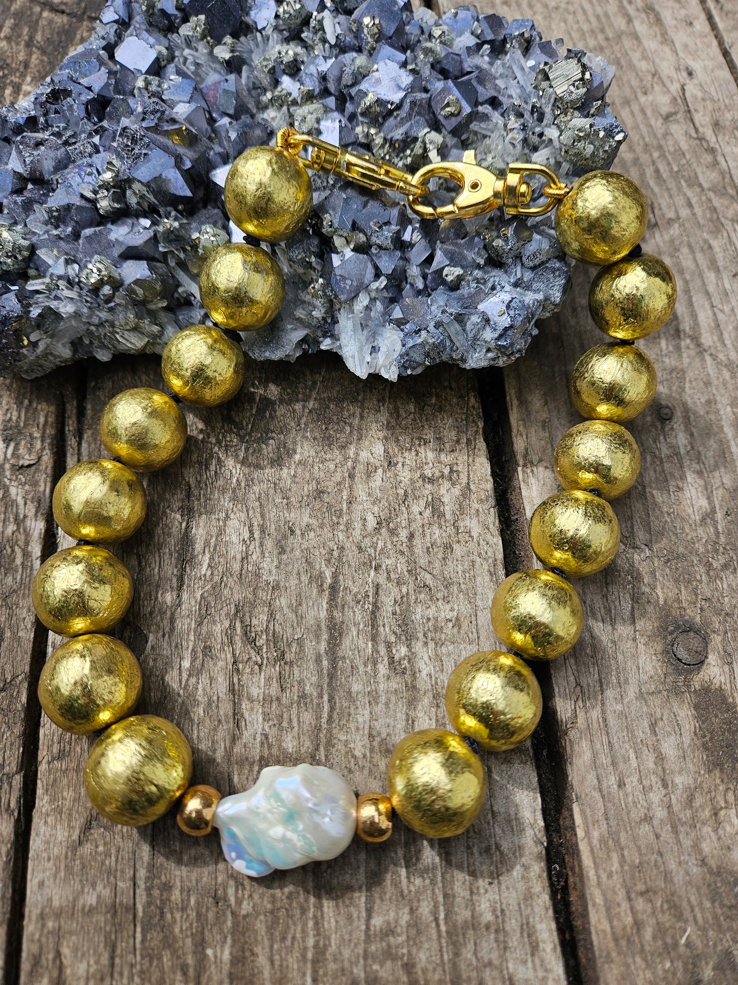 Golden Wooden Bead Necklace with Baroque Pearl