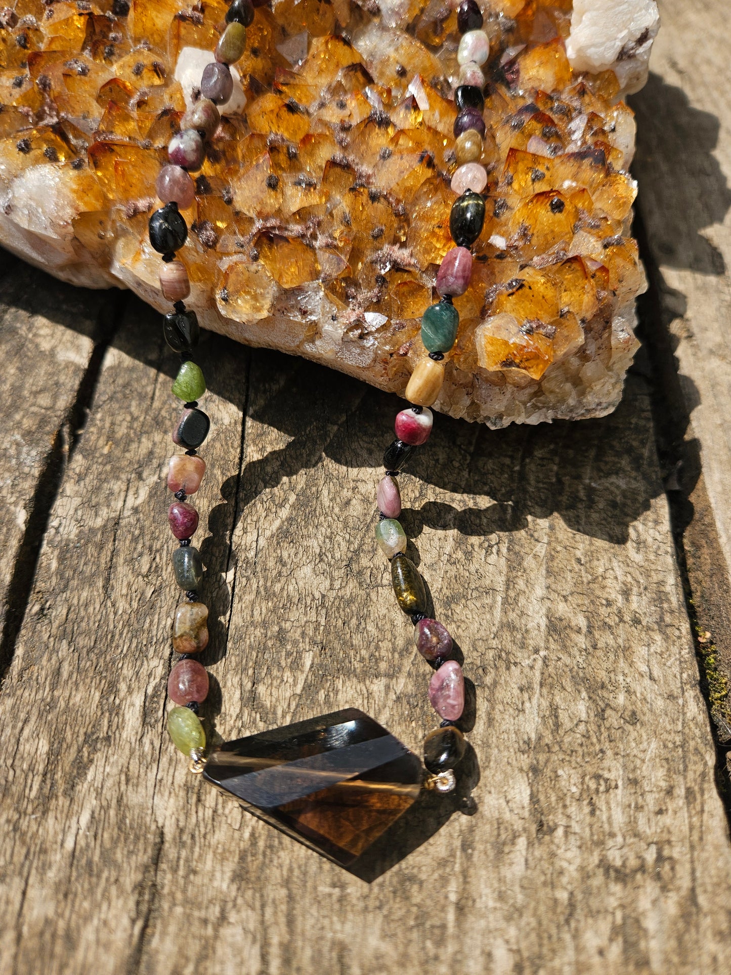 Watermelon Tourmaline and Smoky Quartz Necklace