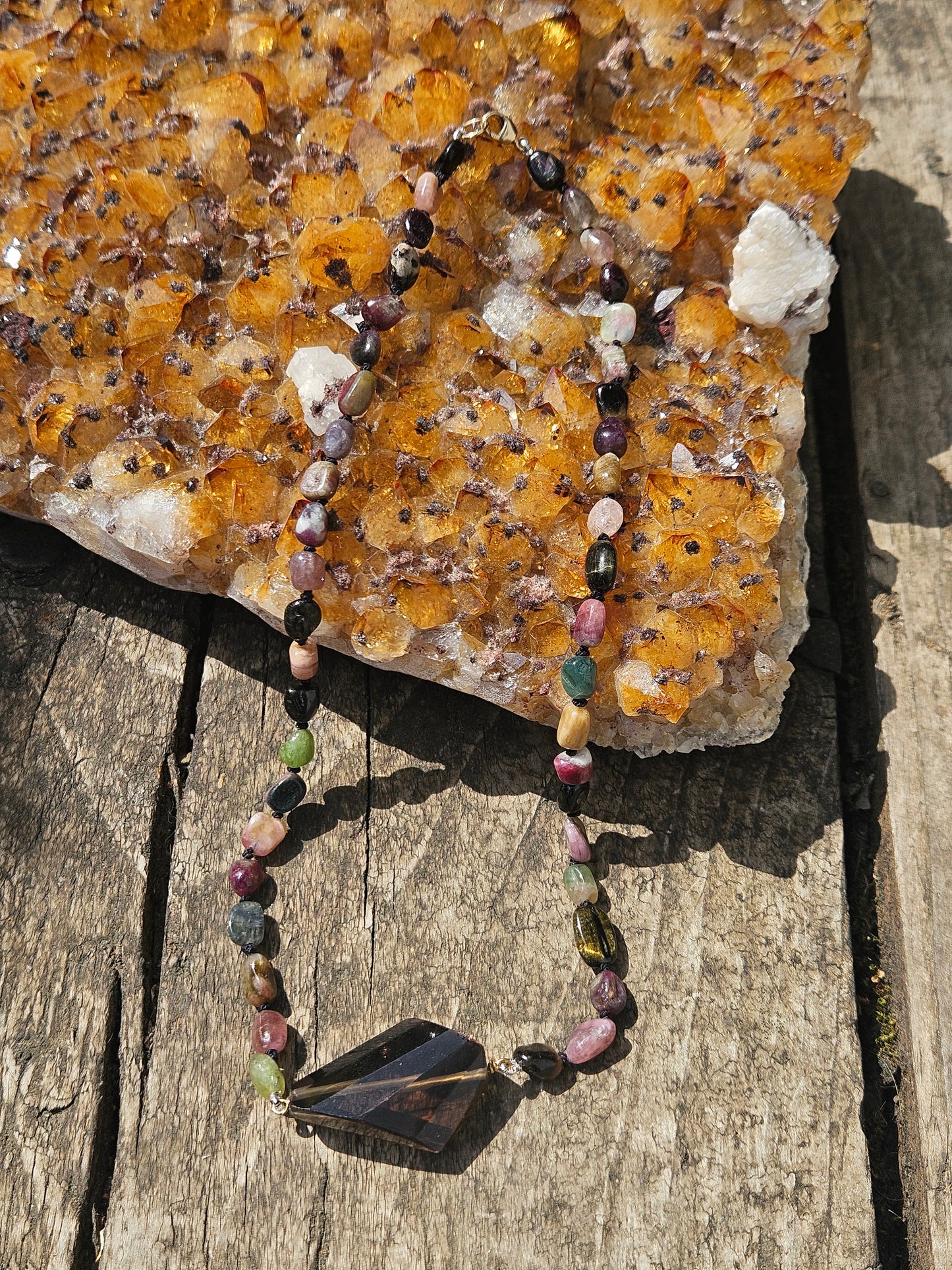 Watermelon Tourmaline and Smoky Quartz Necklace