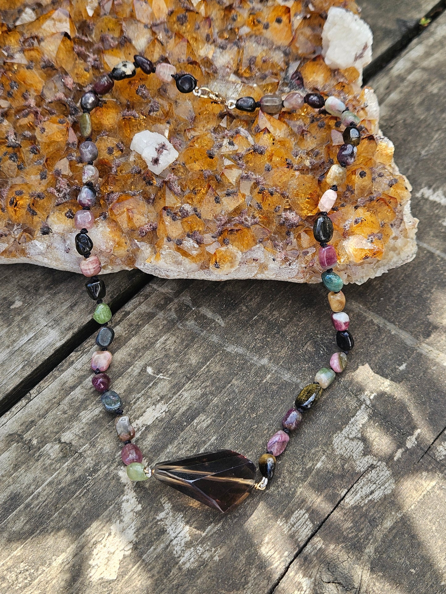 Watermelon Tourmaline and Smoky Quartz Necklace