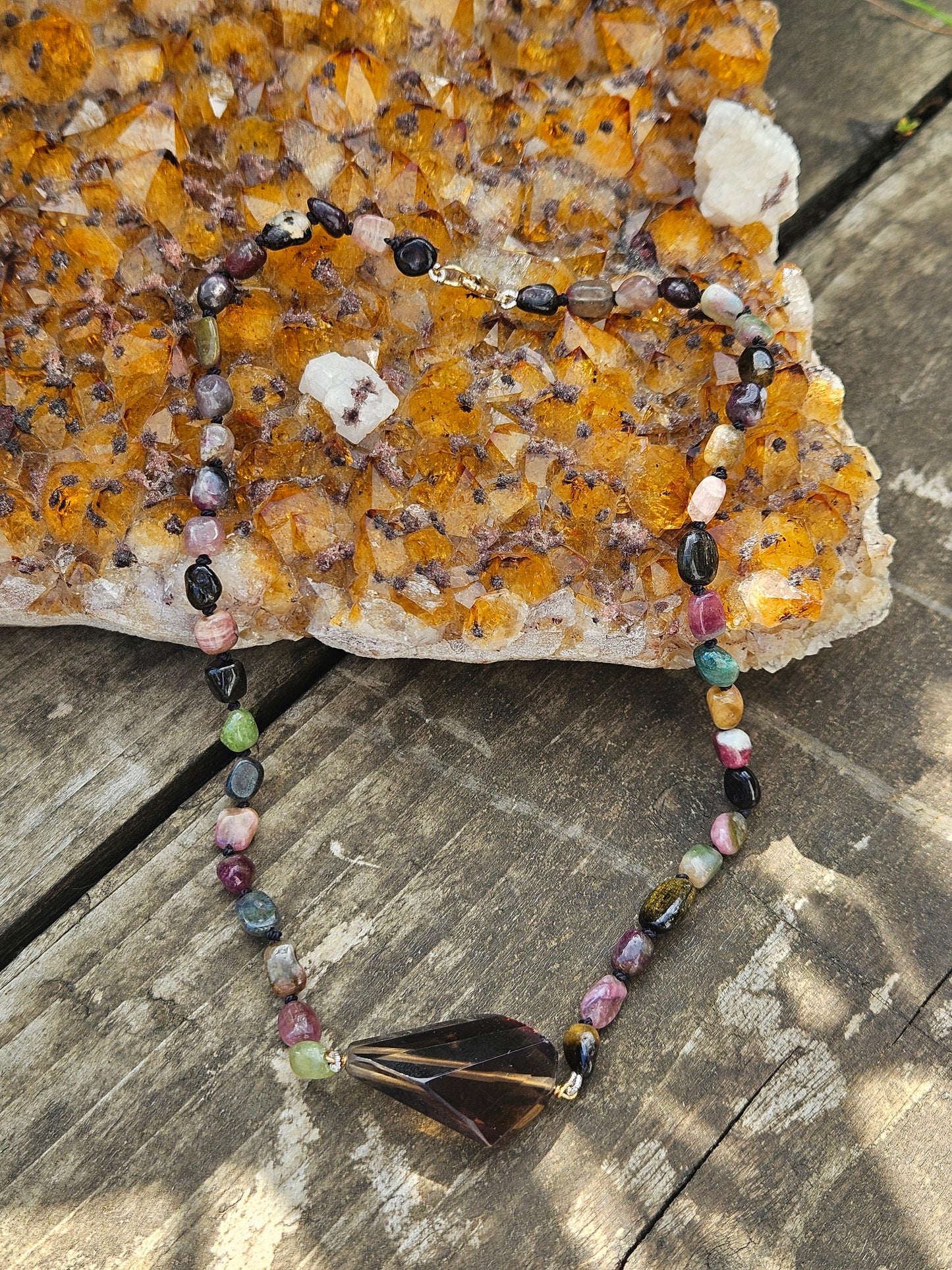 Watermelon Tourmaline and Smoky Quartz Necklace