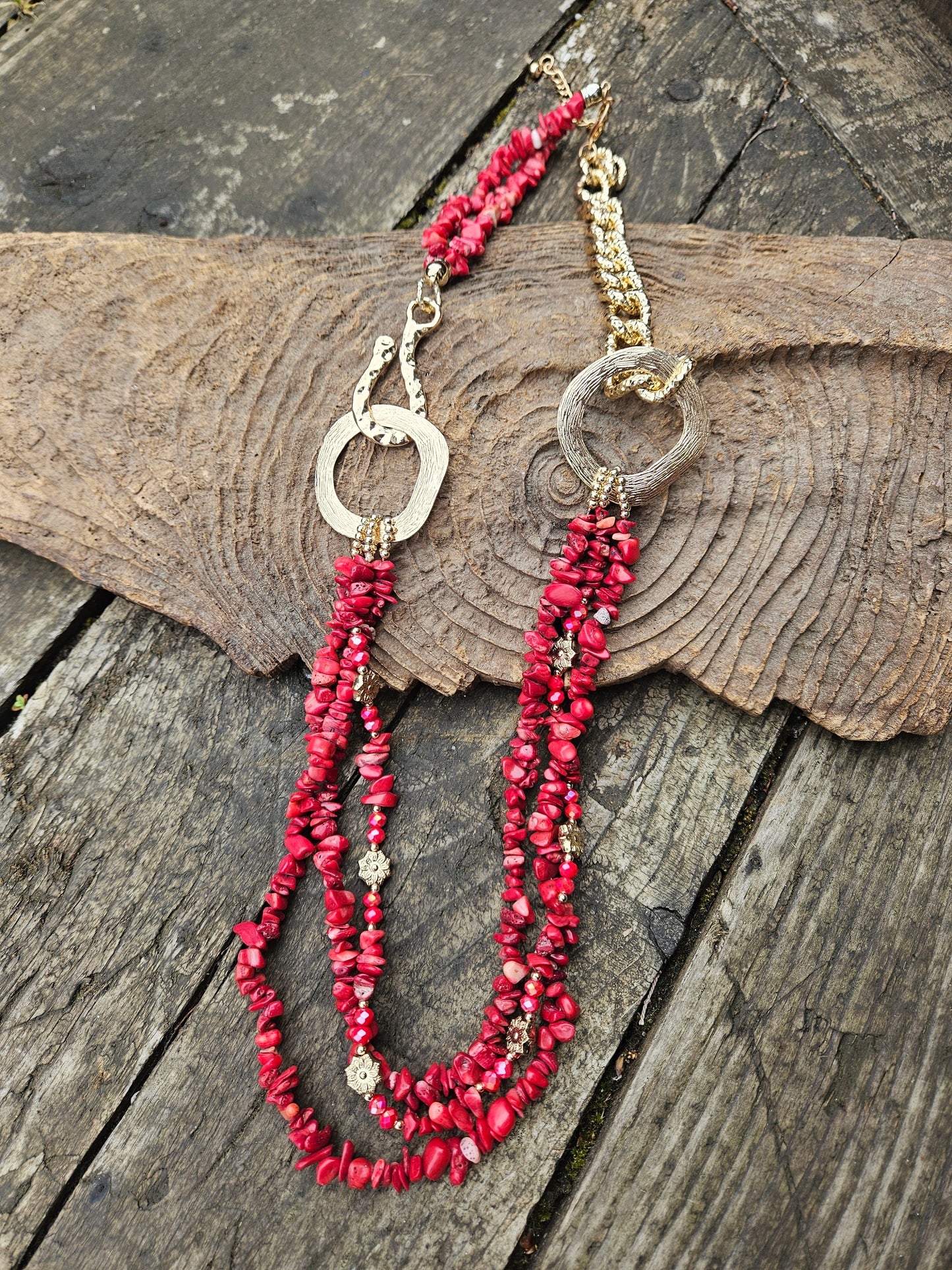 Bamboo Coral and Gold Ring Statement Necklace