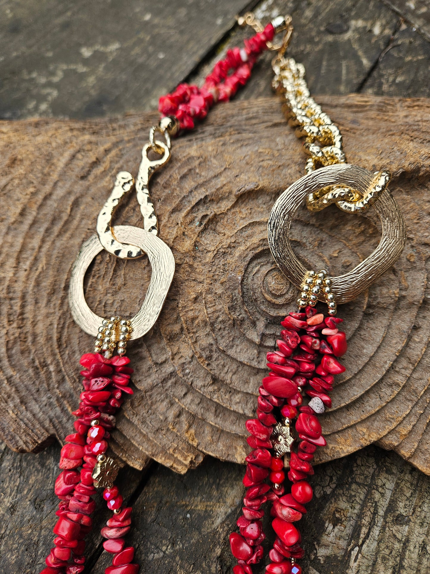 Bamboo Coral and Gold Ring Statement Necklace