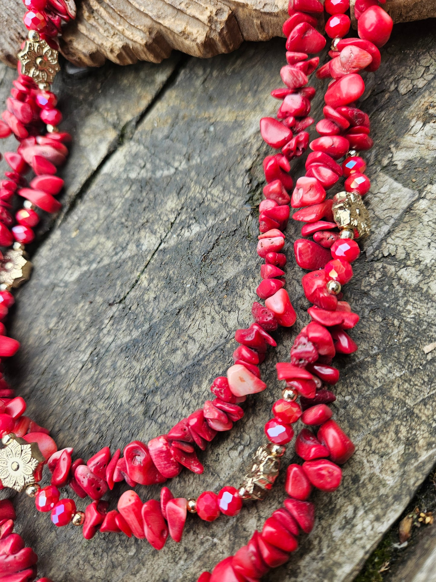 Bamboo Coral and Gold Ring Statement Necklace