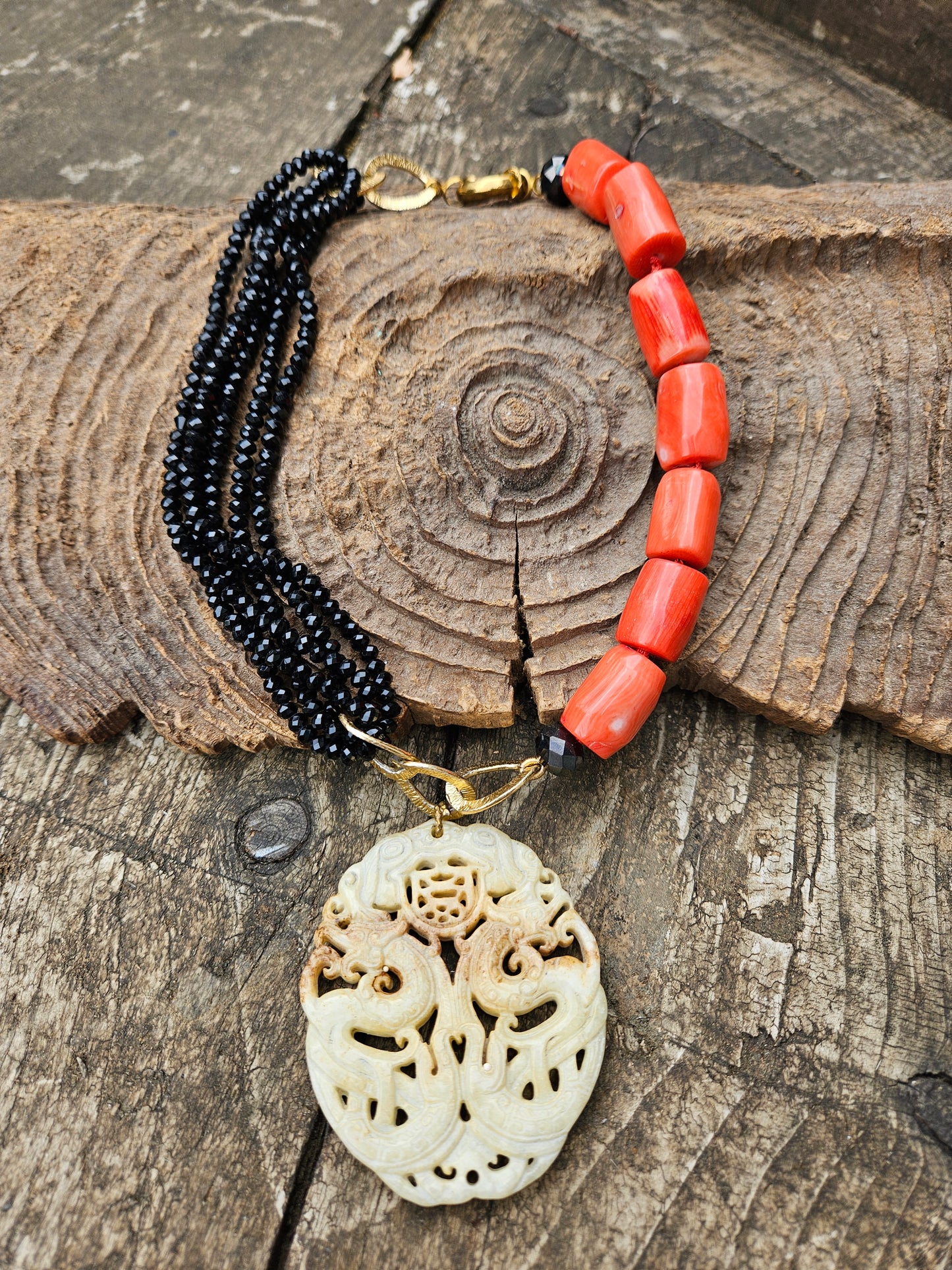 Bamboo Coral and Black Crystal Necklace with Hardstone Pendant