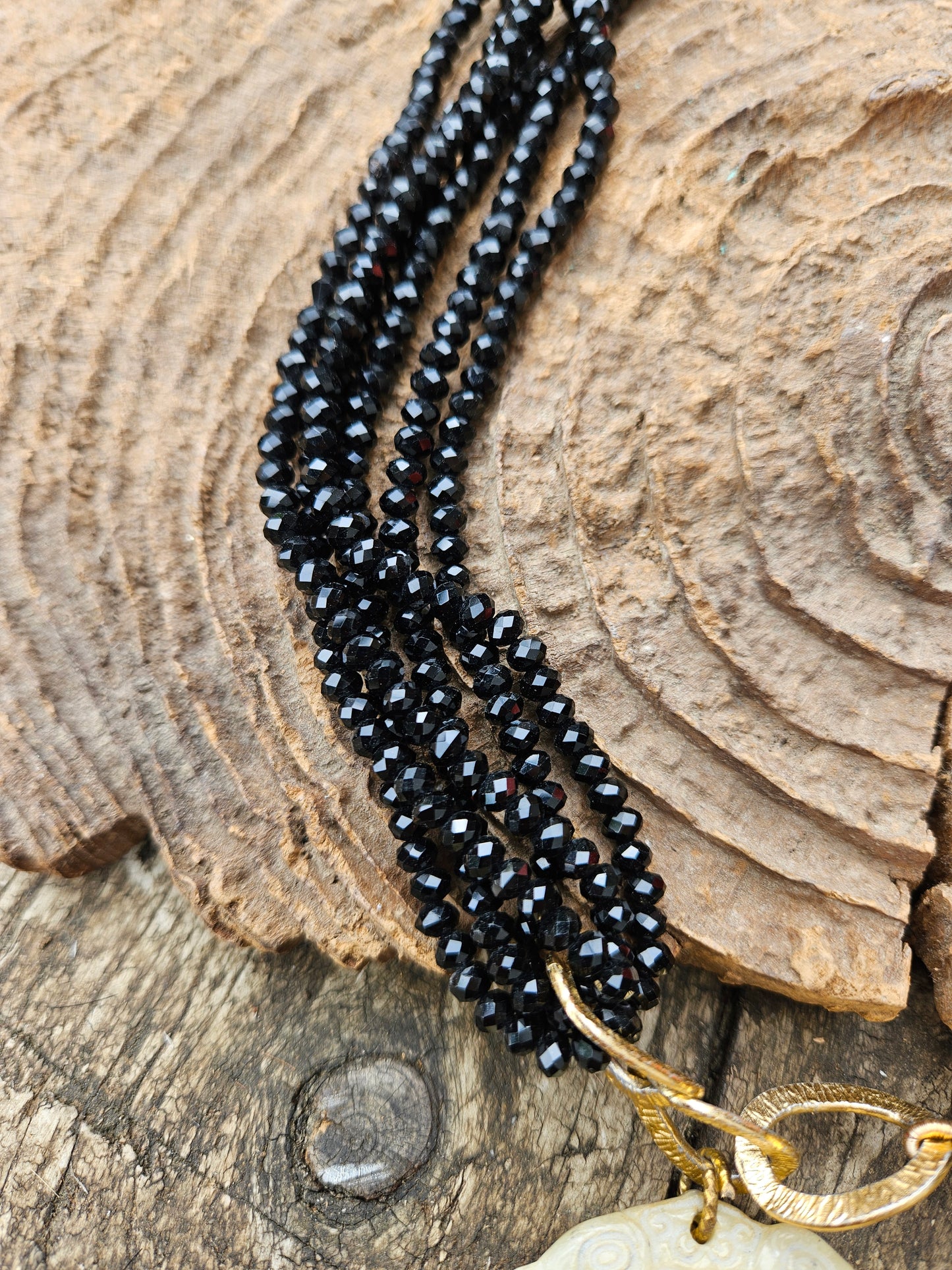Bamboo Coral and Black Crystal Necklace with Hardstone Pendant