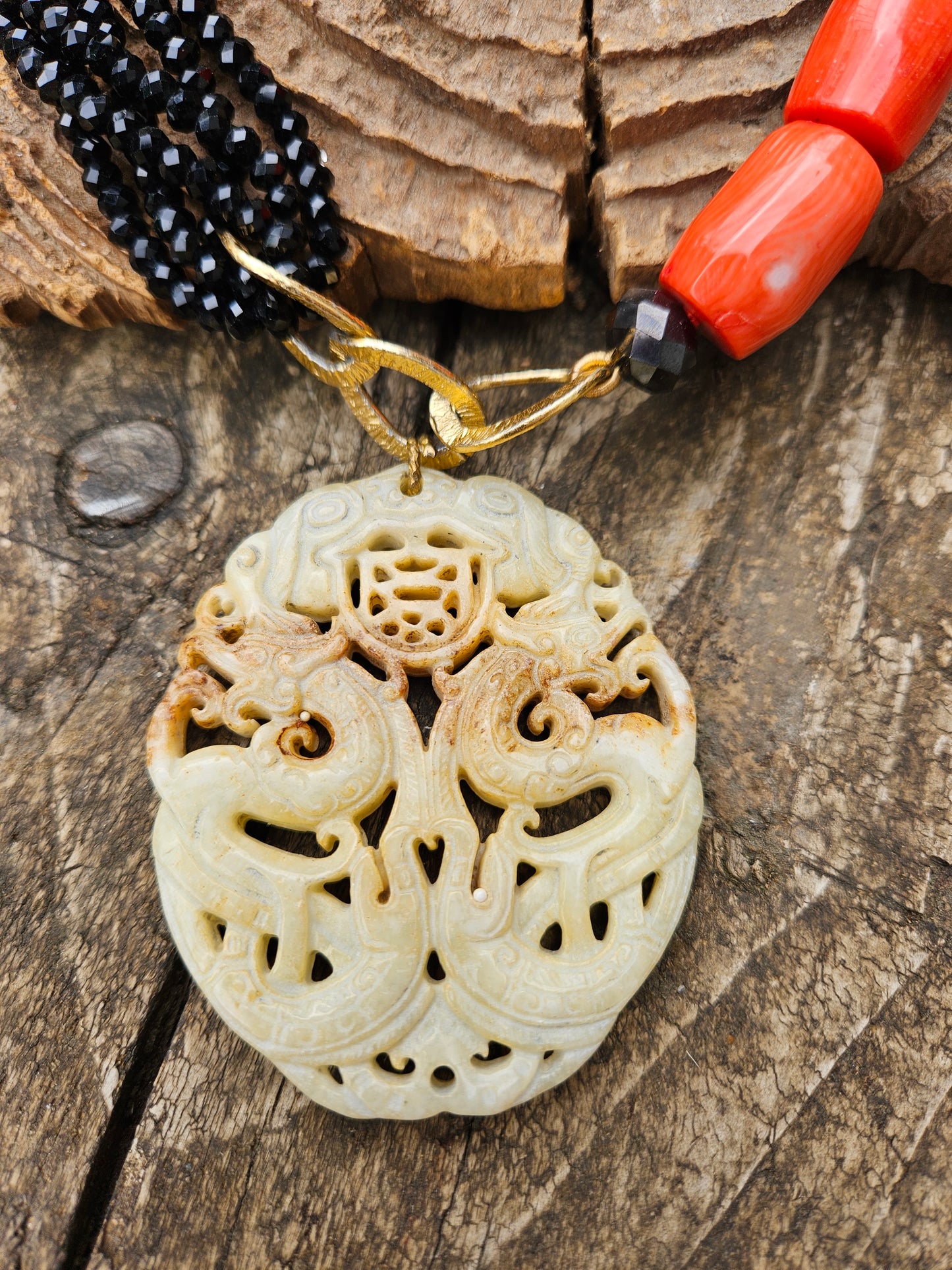 Bamboo Coral and Black Crystal Necklace with Hardstone Pendant