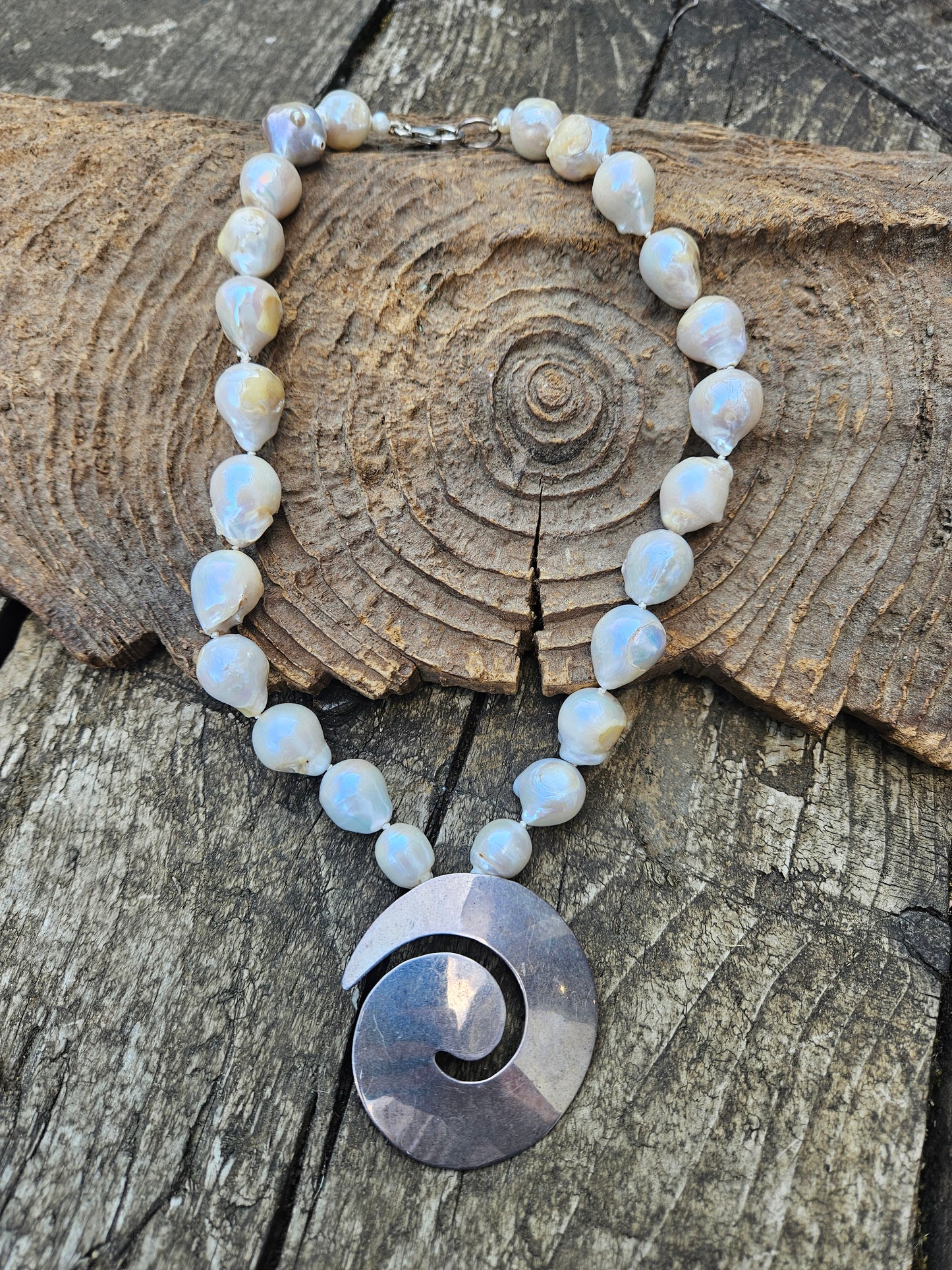 Baroque Pearl and Silver Swirl Necklace