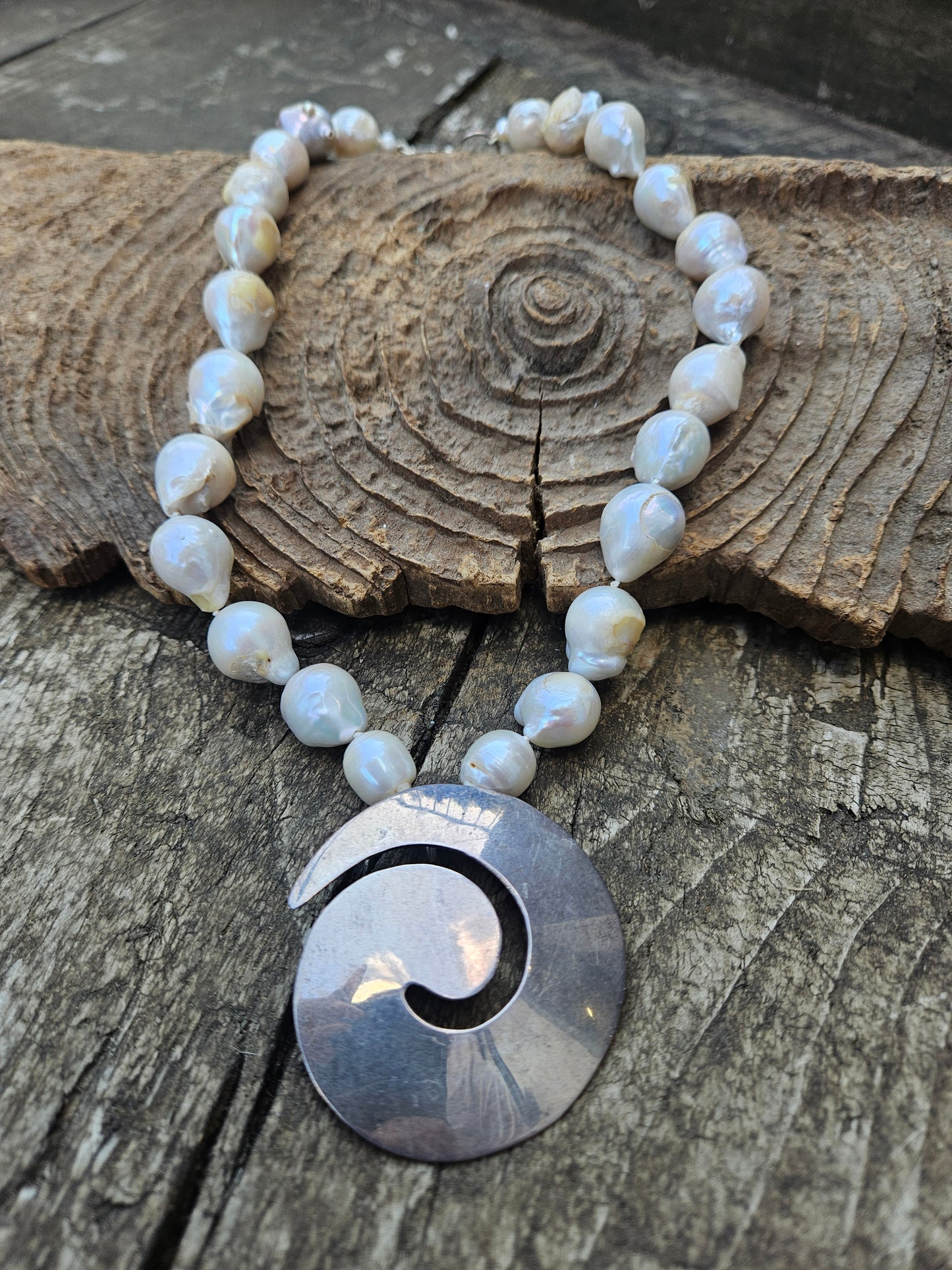 Baroque Pearl and Silver Swirl Necklace